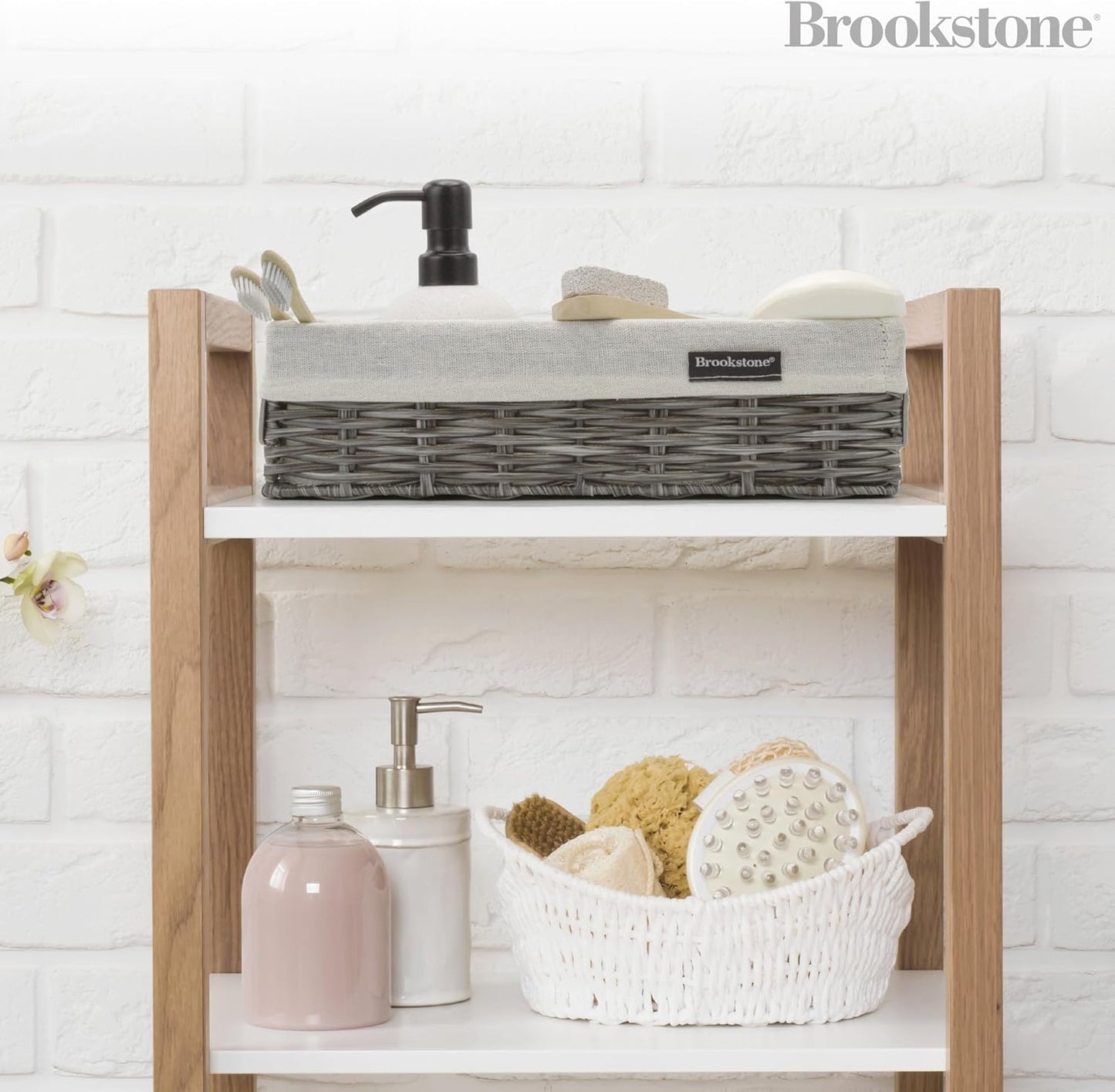Wicker Shelf Storage Basket Decorative Shelf Bin / Grey Two Pack with Handles