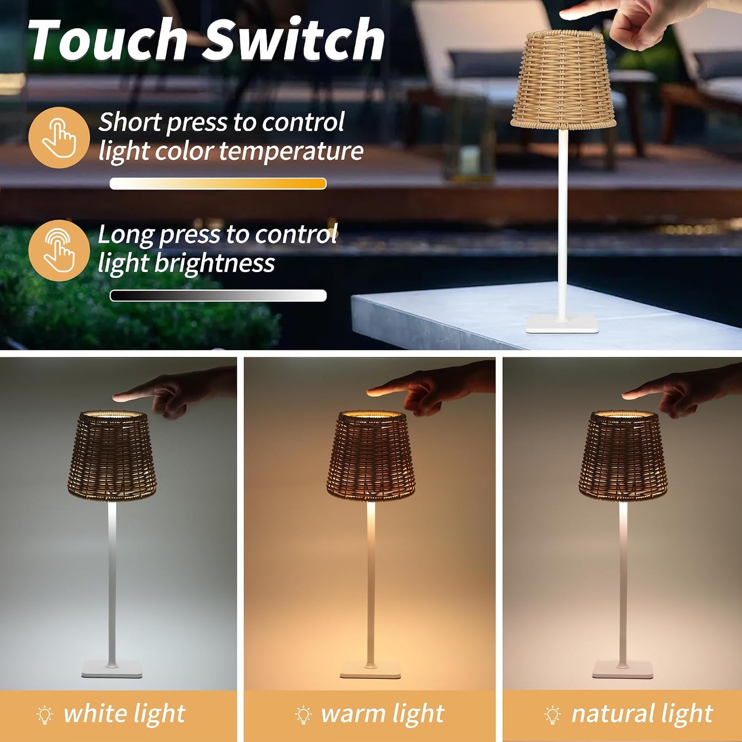 Mr. White Outdoor Waterproof Cordless Wireless Rechargeable Portable Top Touch Battery Operated Powered LED Table Lamp