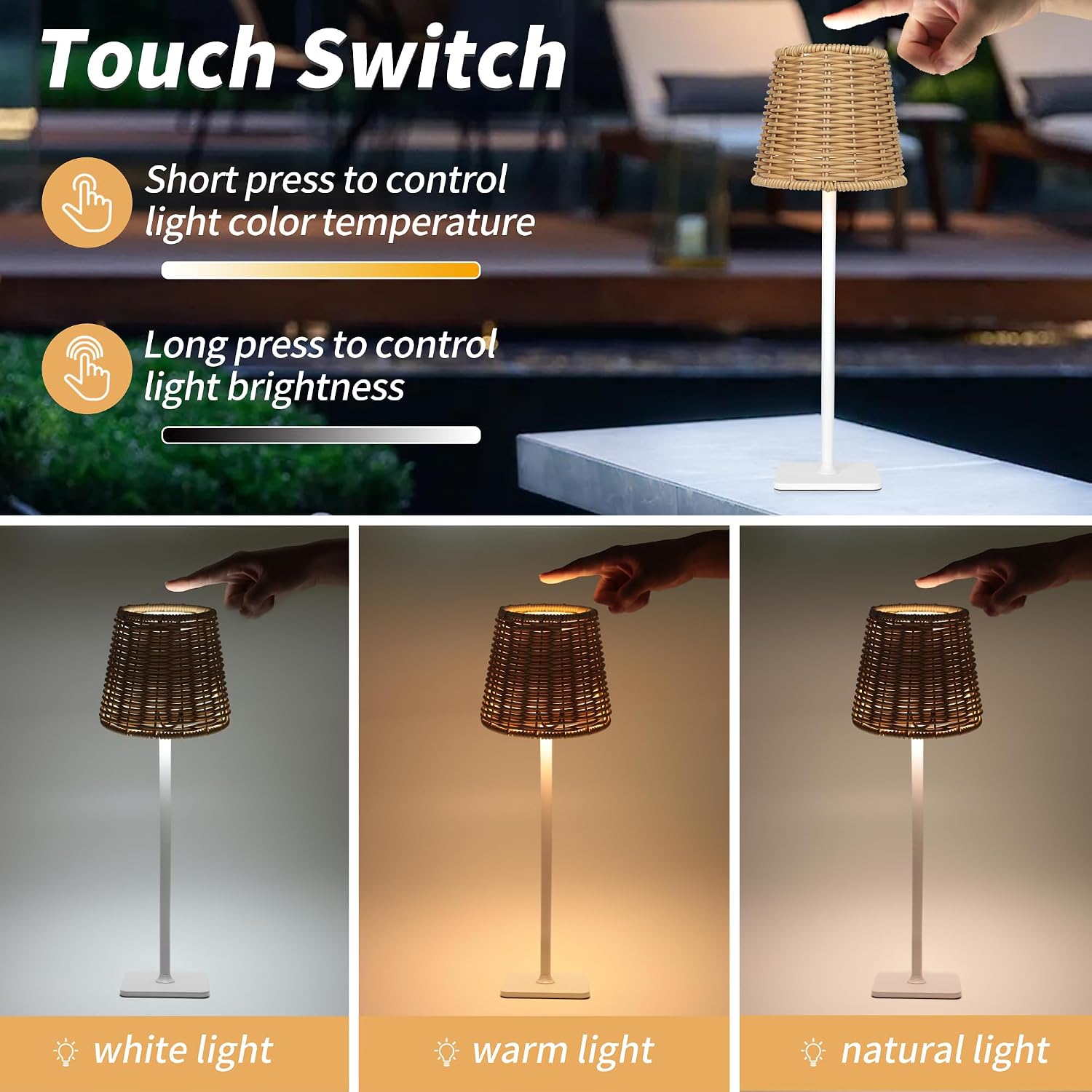 Mr. White Outdoor Waterproof Cordless Wireless Rechargeable Portable Top Touch Battery Operated Powered LED Table Lamp