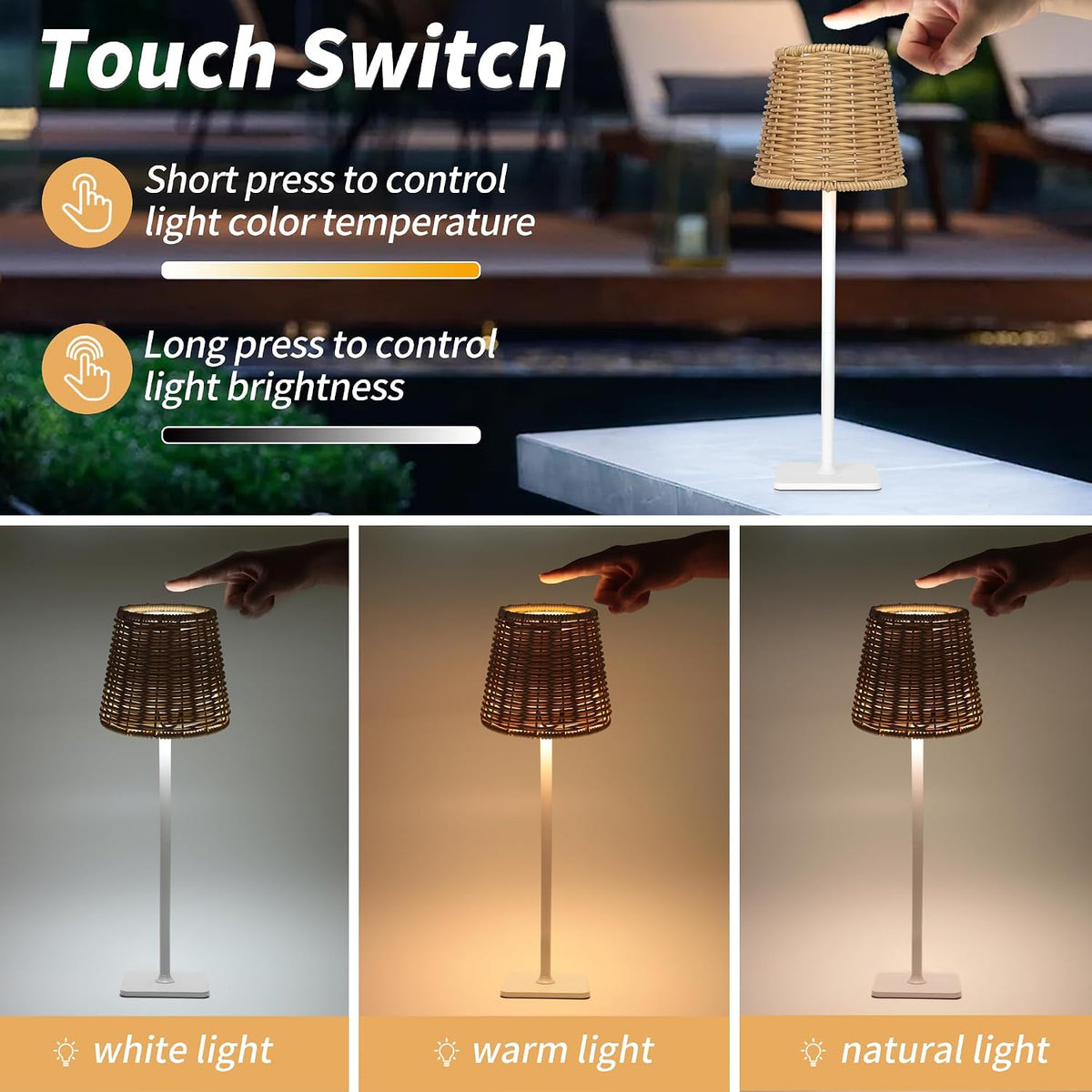 Mr. White Outdoor Waterproof Cordless Set of 2 Rechargeable Portable Top Touch Battery Operated Powered LED Table Lamp