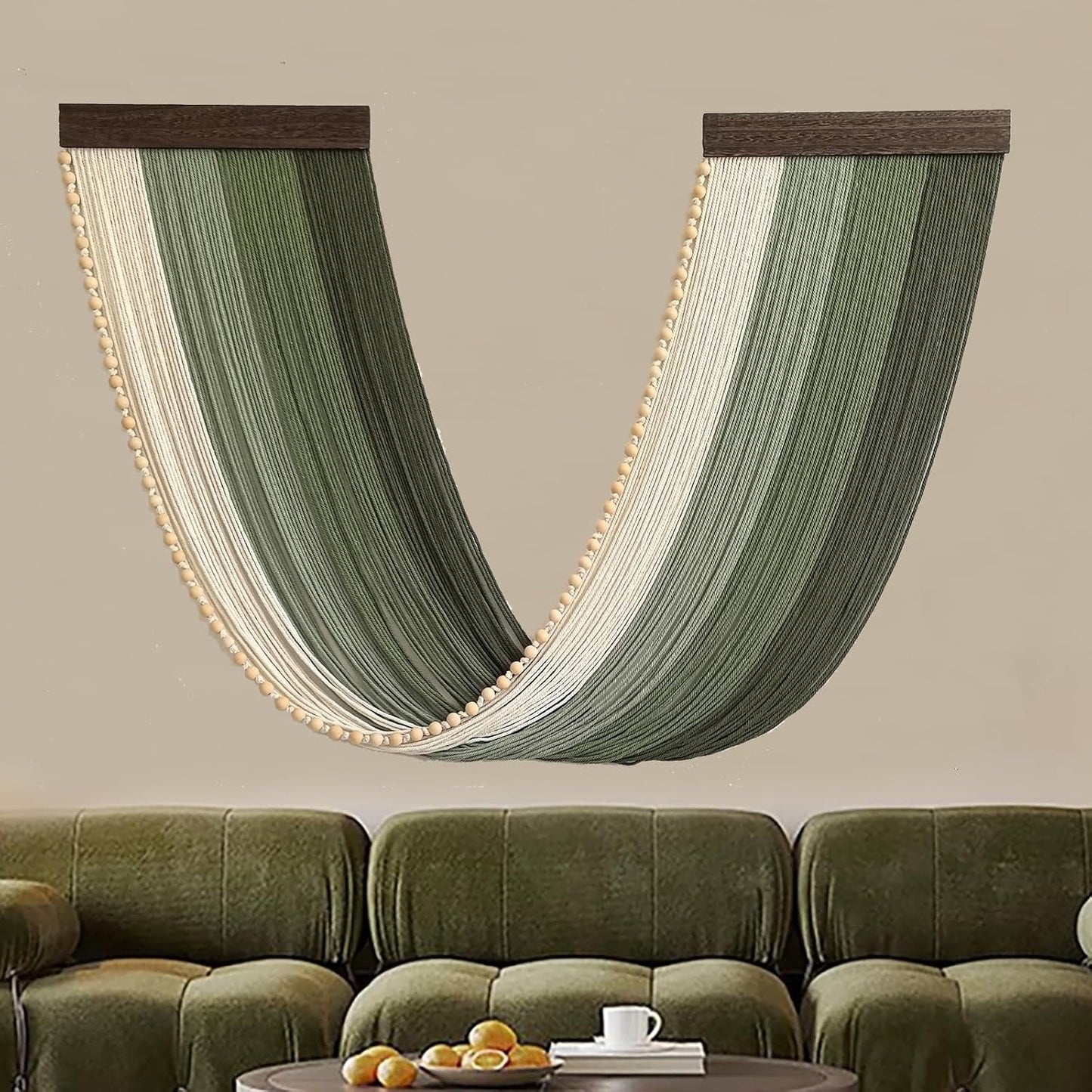 Large Macrame Wall Hanging Dip Dyed Yarn Tapestry Ombre Yarn Gradient Color Macrame / Green + Bead