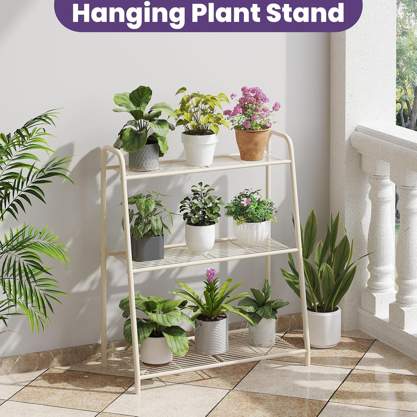 3-Tier Corner Plant Stand, Metal Black Flower Pot Rack, Indoor Outdoor Heavy Duty Shelf (Cream, 3 Tier)
