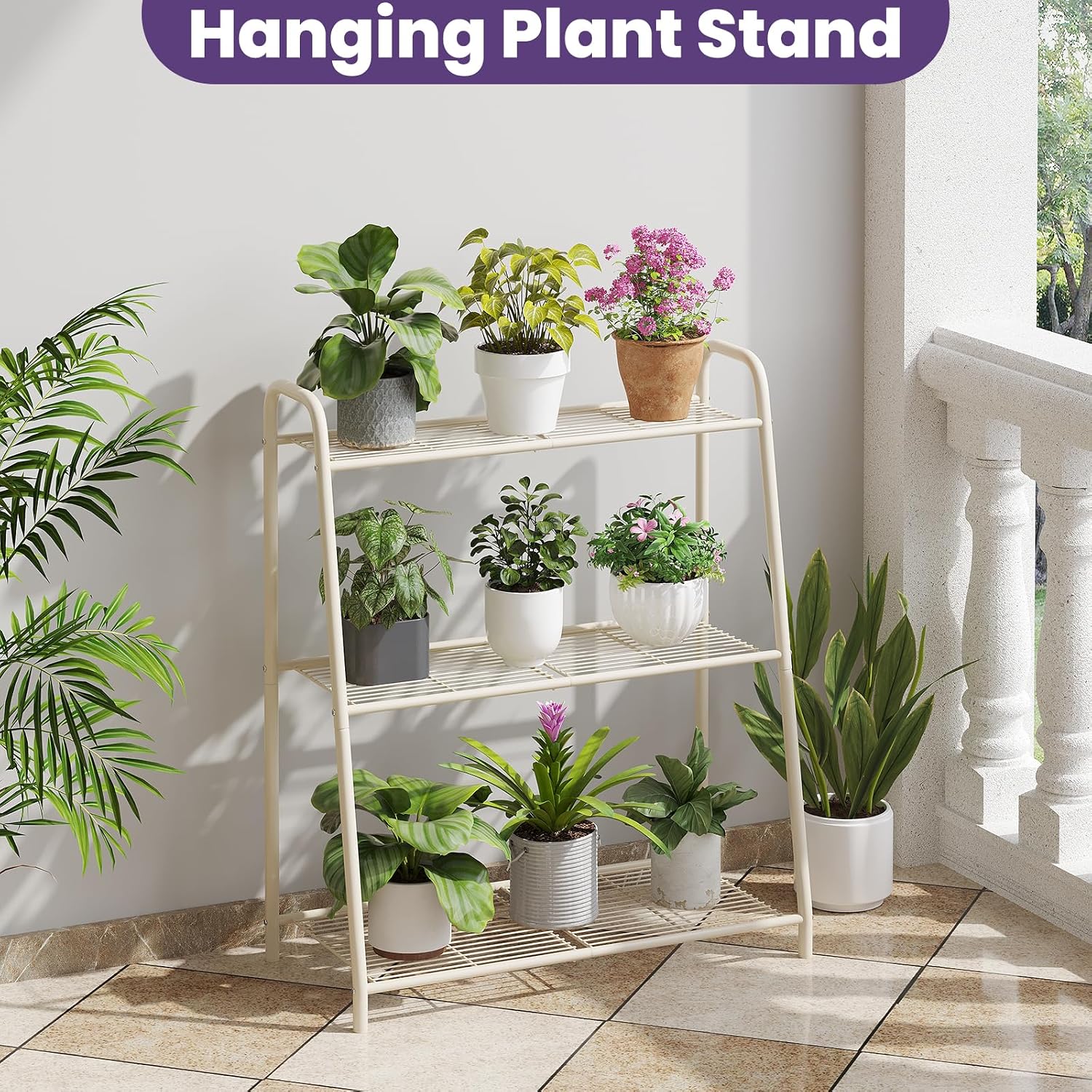 3-Tier Corner Plant Stand, Metal Black Flower Pot Rack, Indoor Outdoor Heavy Duty Shelf (Cream, 3 Tier)