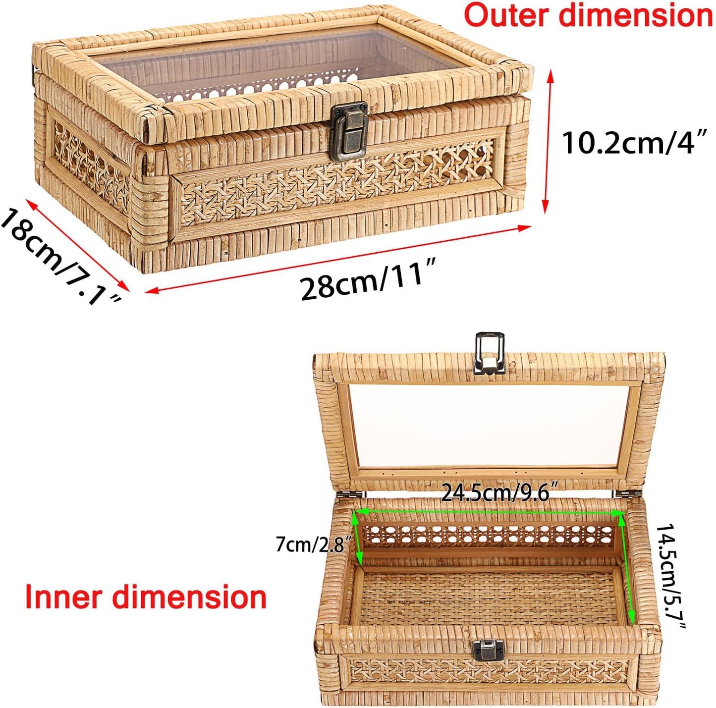 Clear Lid Rectangular Wicker Storage Basket Bin / 11 x 7.1 x 4 / Small / Natural Color