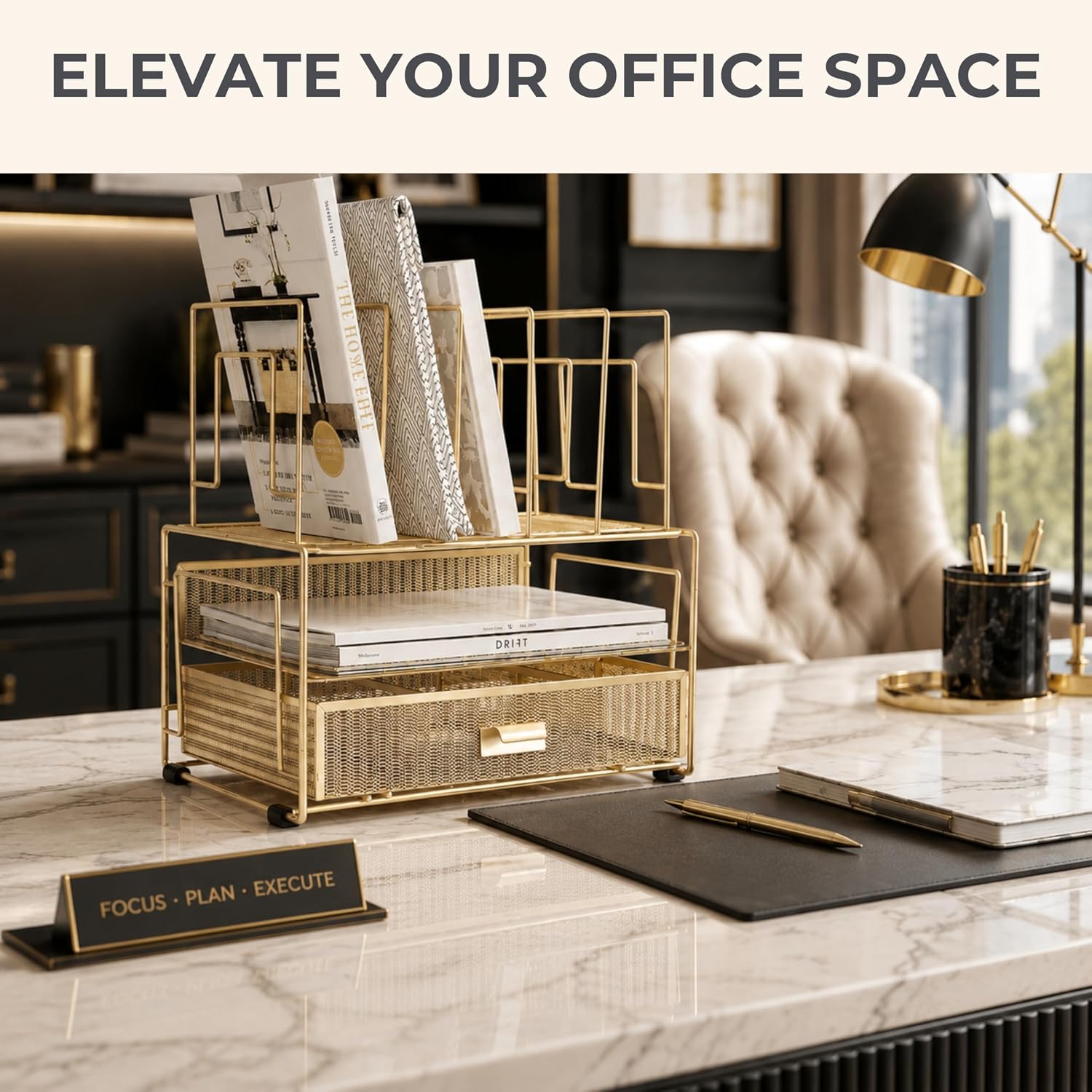 BLU MONACO | Gold Desk Organizer With Drawer | Metal Mesh File Holder & Vertical File Organizer | Desktop Storage for