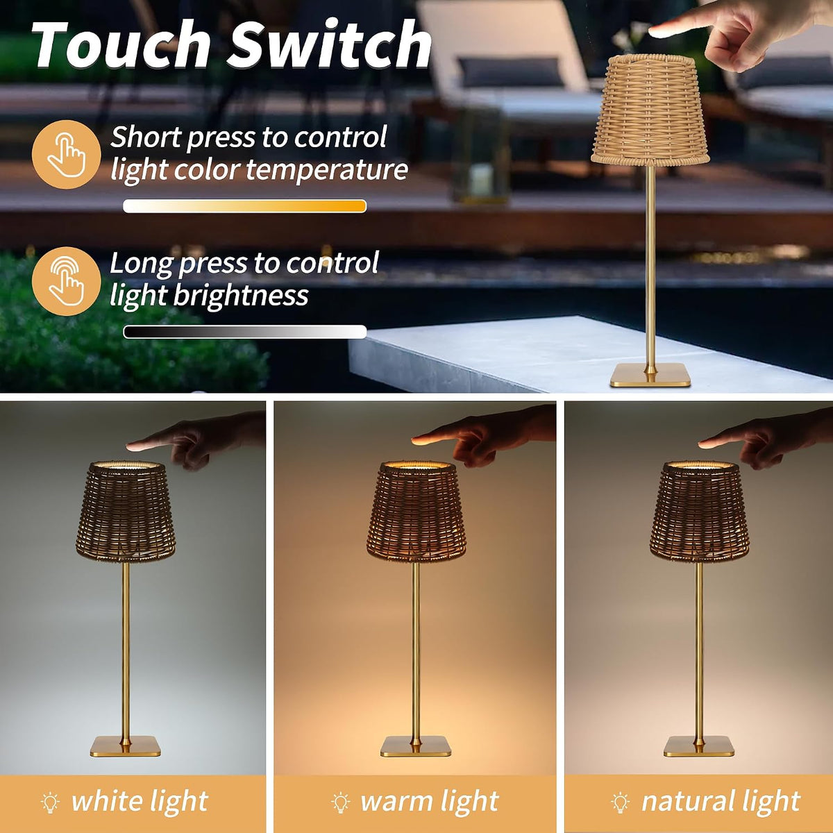 Mr. White Outdoor Waterproof Cordless Wireless Rechargeable Portable Top Touch Battery Operated Powered LED Table Lamp