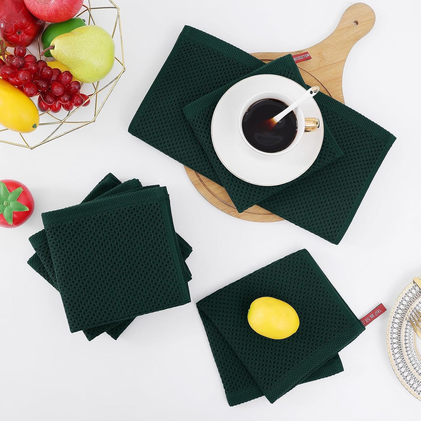 Homaxy 100% Cotton Waffle Weave Kitchen Dish Cloths 12-Pack, Blackish Green | 12 x 12 Inches, Ultra Soft Absorbent Dish