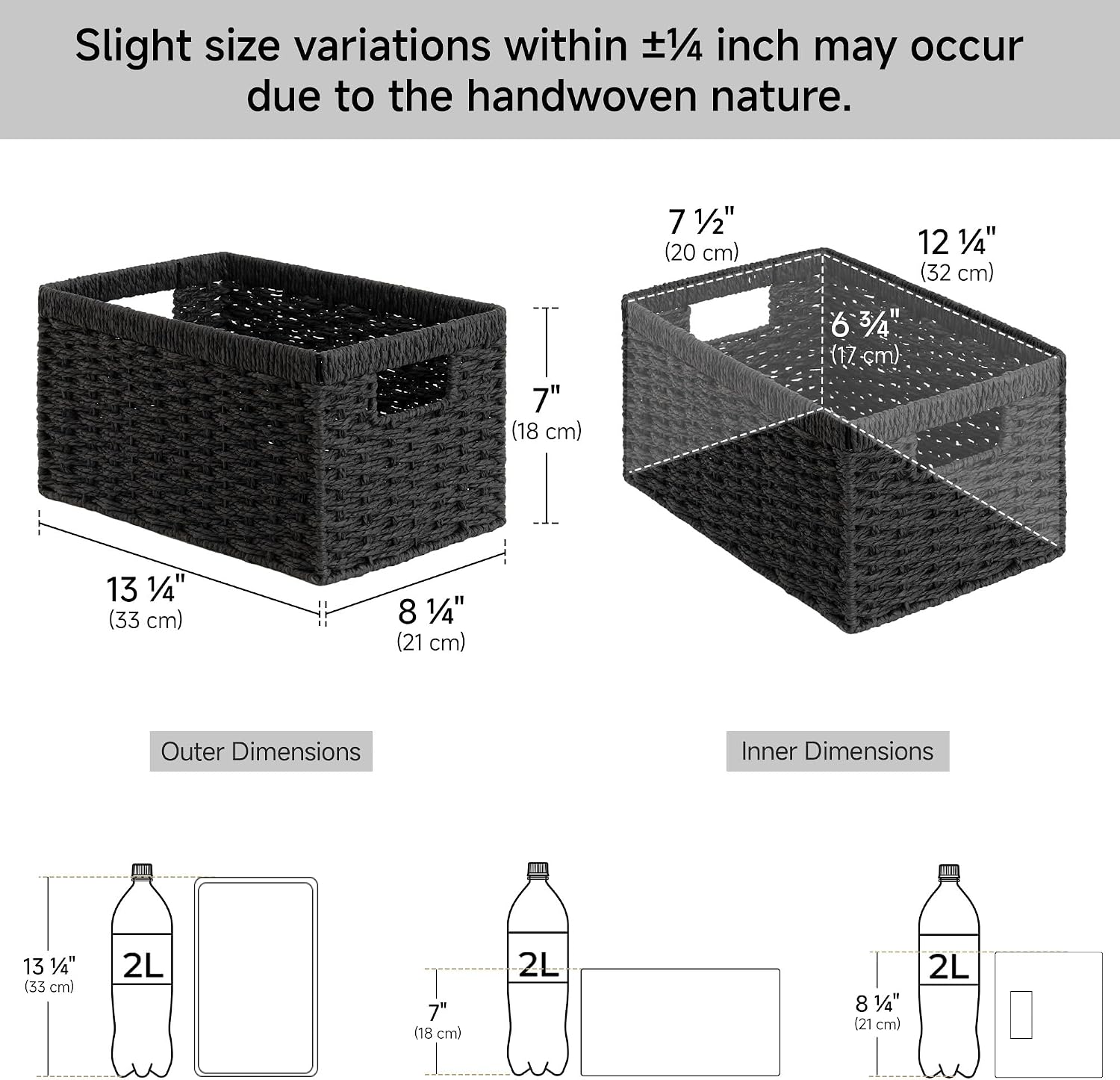 Wicker Storage Baskets for Organizing / Black / 2 x 13 / Set of 2