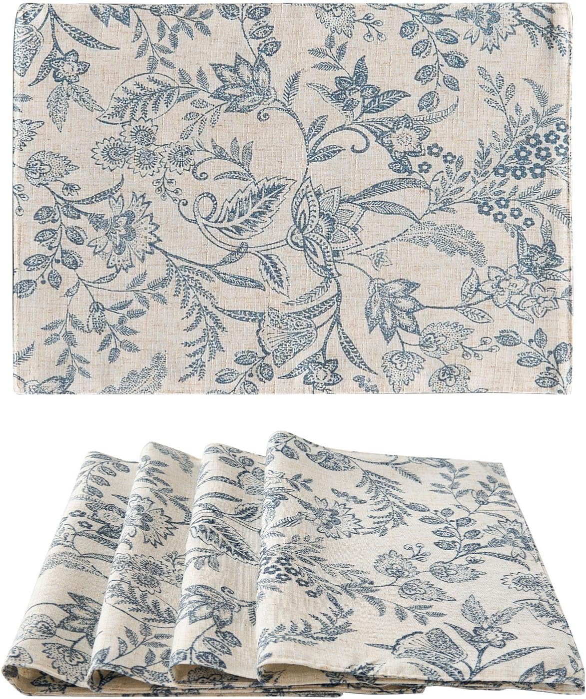JINCHAN Linen Floral Placemats Set of 4 Farmhouse 13x19 Inch Blue | Fabric Placemats, Cottage Style, Vintage Botanical