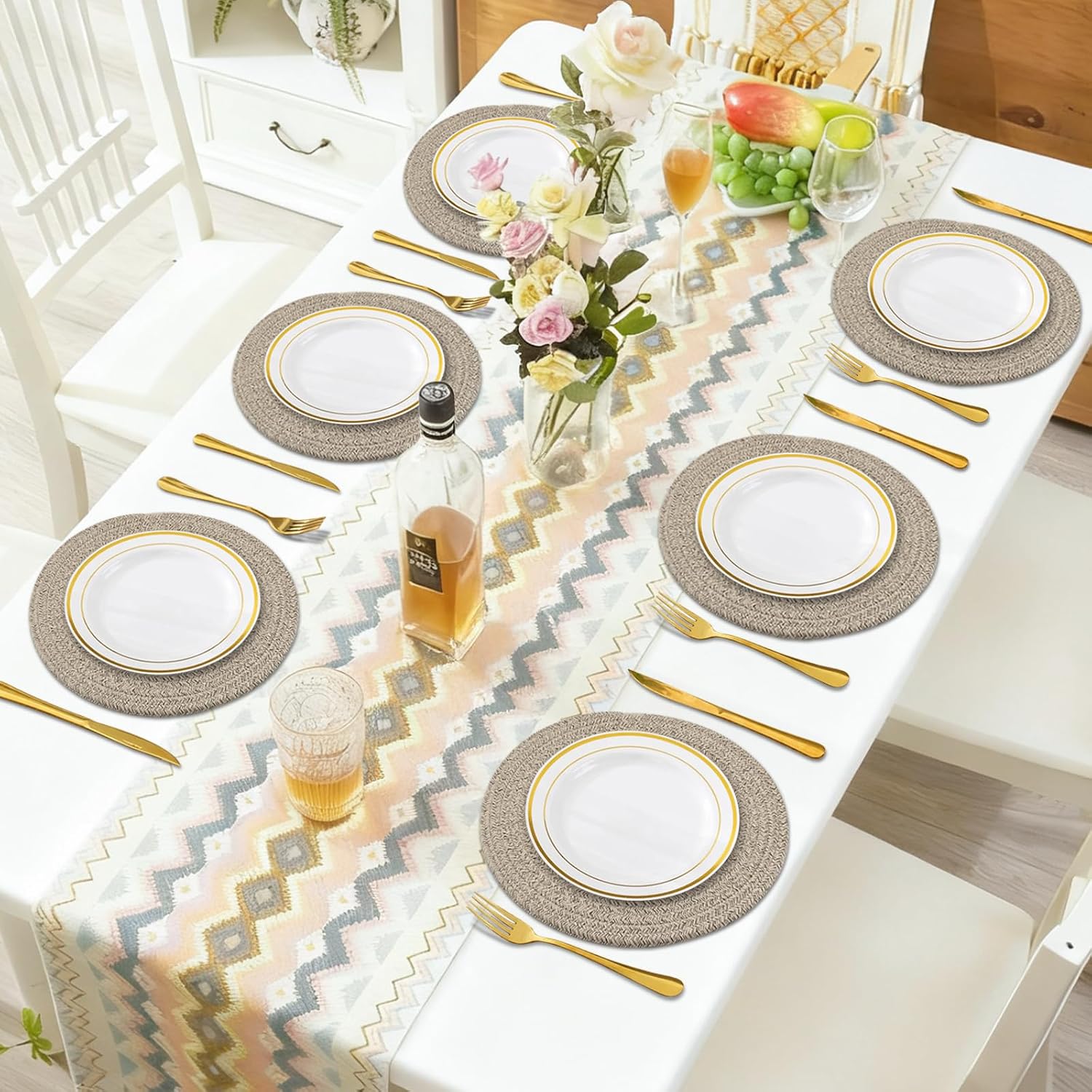 Round Placemats Set of 6, Cotton Rope Woven Table Mats, Hot Pads for Kitchen, Non Slip Heat Resistant Place Mats, 13