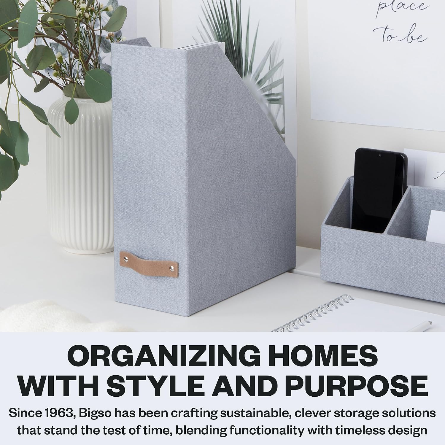 Bigso Estelle Magazine File - Magazine Holder and Organizer for Papers and Catalogs with Leather Handle - Magazine File