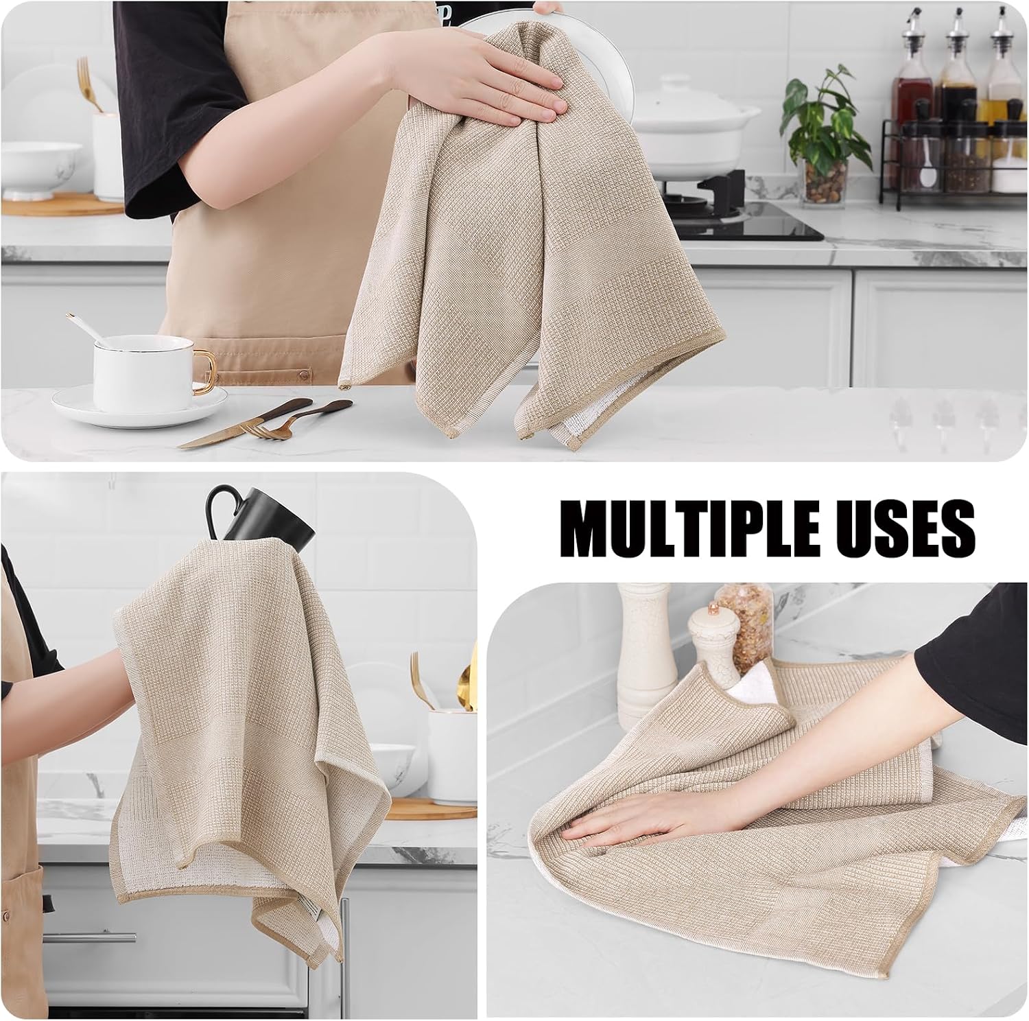 Homaxy 380 GSM Cotton Premium Kitchen Towels 6 Pack, 18"x 28", Khaki | Flat and Terry Dish Towels, Highly Absorbent Tea