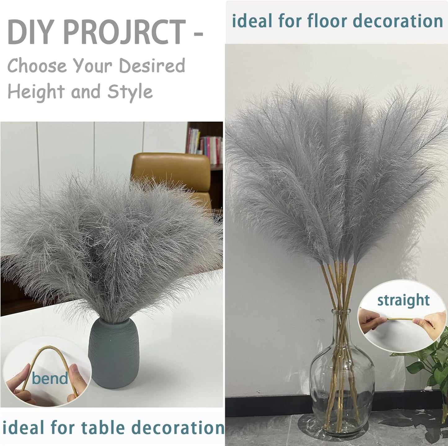 Tall Pampas Grass Decor Pompas Floral Arrangement and Vase Filler for Boho / Grey