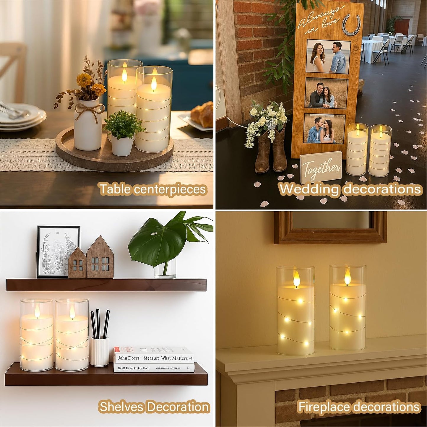 Flickering Flameless Candles with Remote Timer, 6pcs LED Battery Operated Candles with Embedded String Lights White, D3