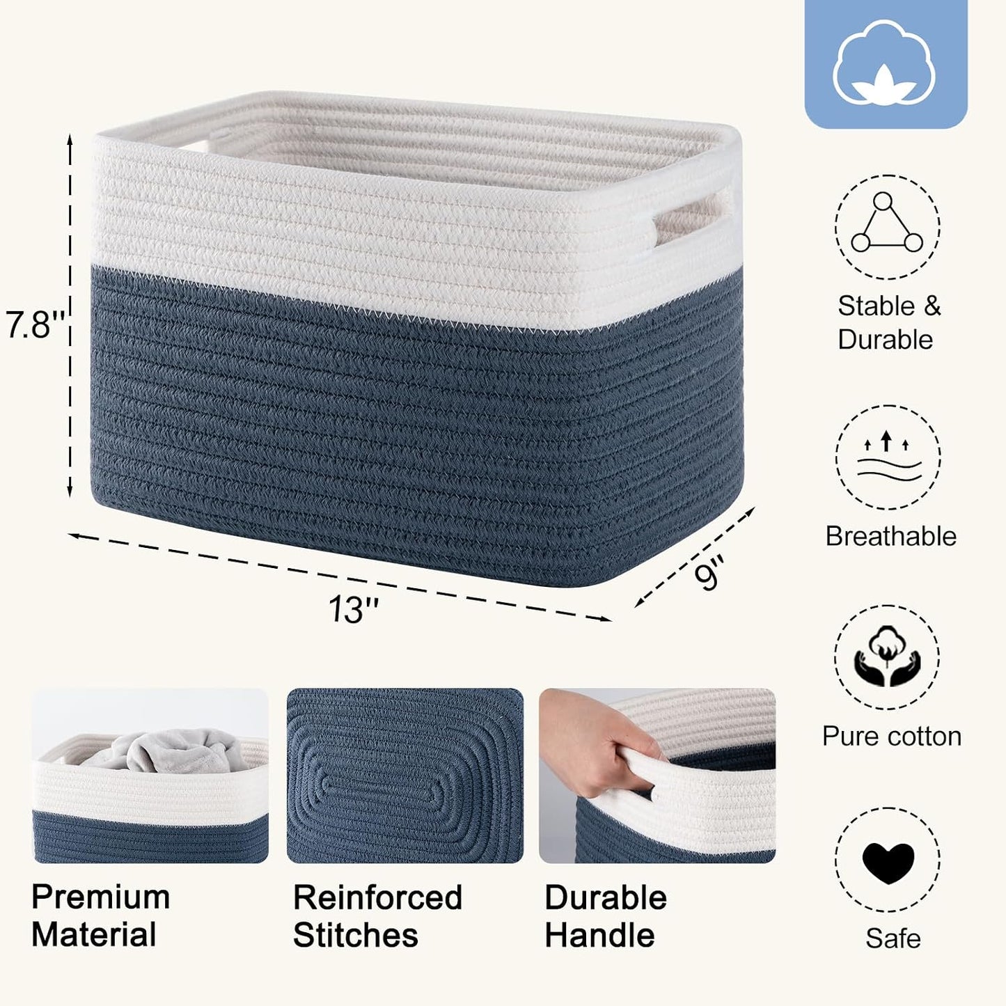 Woven Baskets / Books / Blue & White / Small/12.7''lx9''wx7.8''h / Set of 4