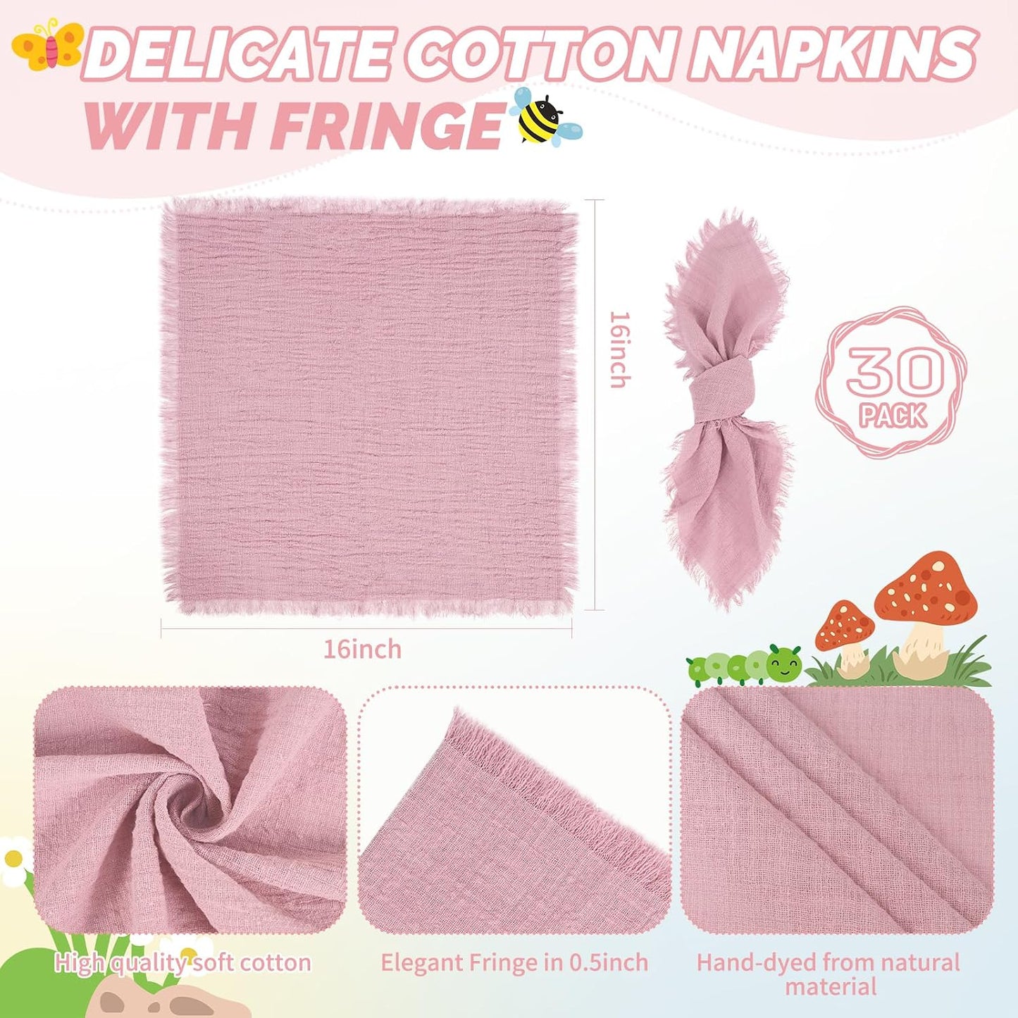 Showgeous 30 Pack Dusty Rose Cloth Napkins with Fringe, 16x16 inch | 100% Cotton Napkins Handmade Dinner Napkins Bulk