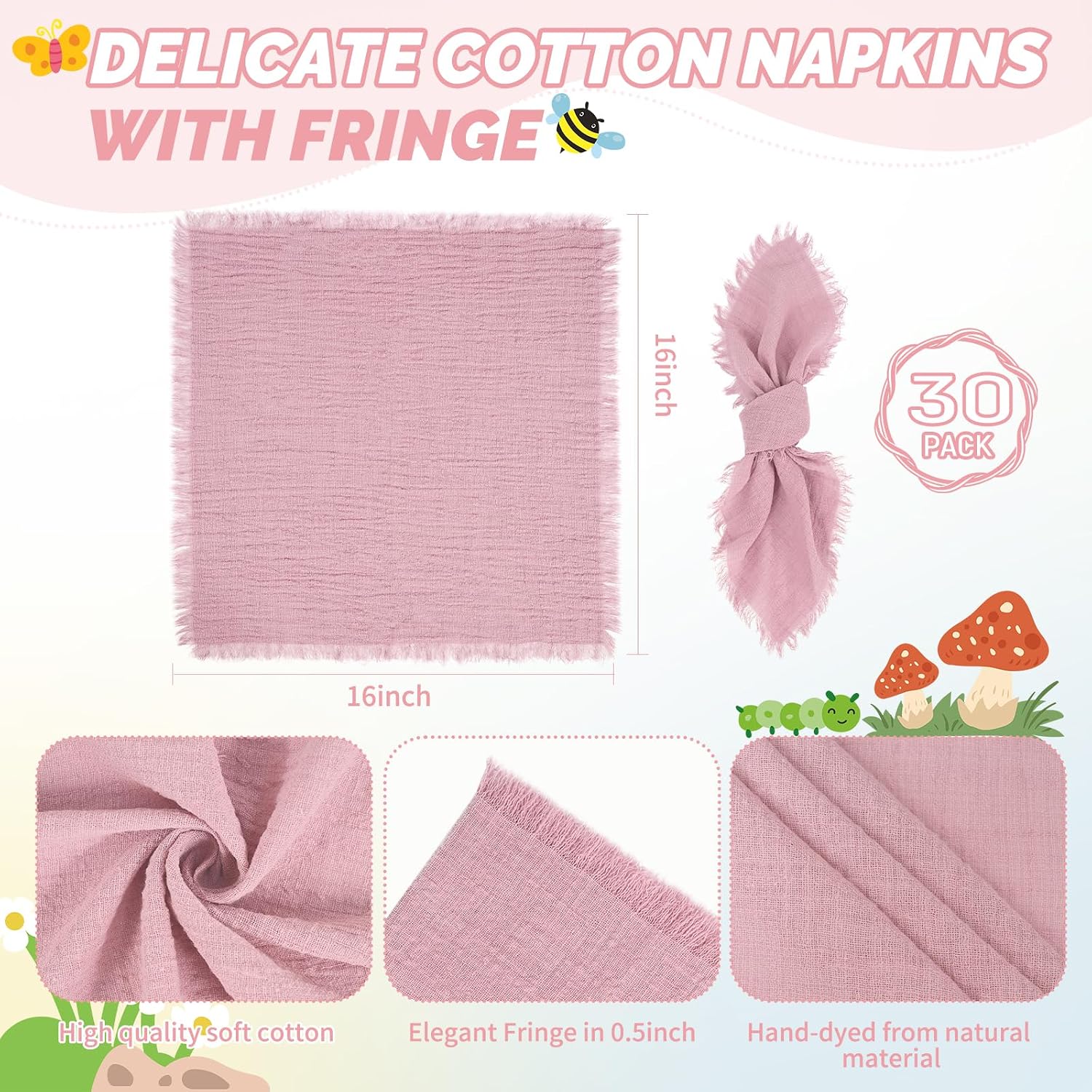 Showgeous 30 Pack Dusty Rose Cloth Napkins with Fringe, 16x16 inch | 100% Cotton Napkins Handmade Dinner Napkins Bulk