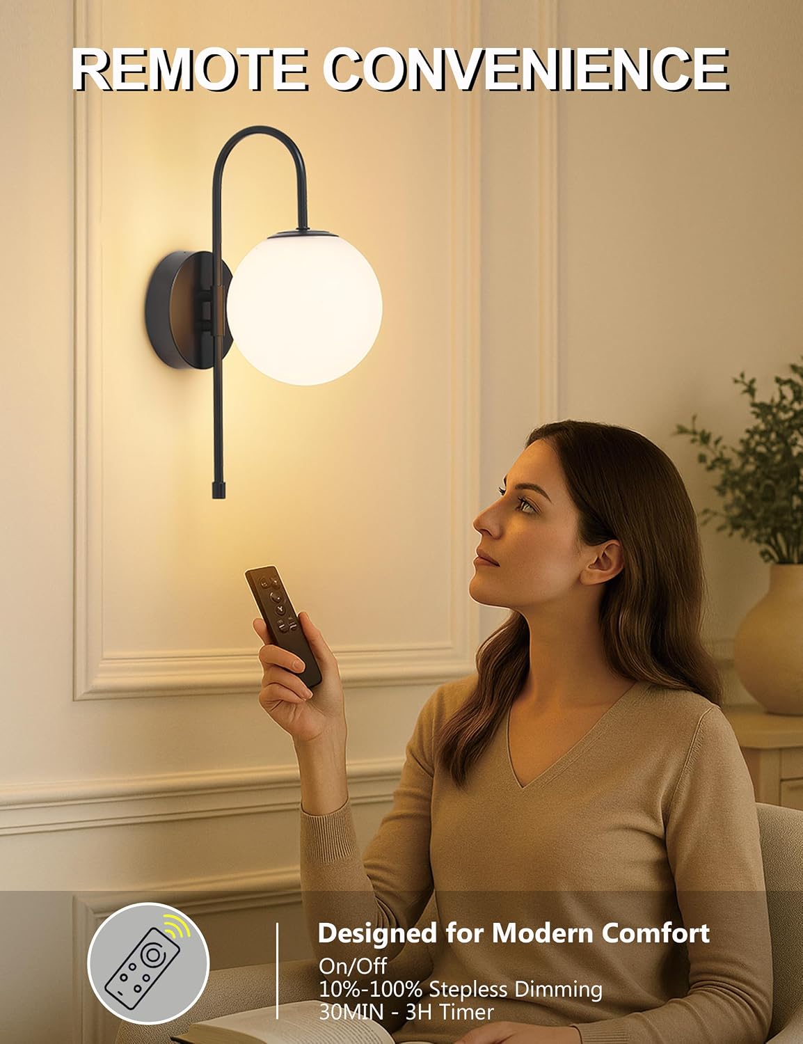 Battery Operated Gooseneck Wall Sconces, Matte Black Globe Glass Set of 2