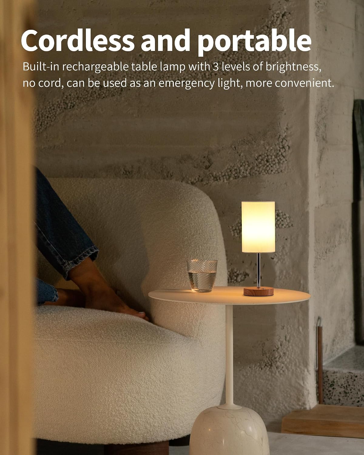 KDG Simple Cordless Table lamp, Portable Bedside 4000mAh LED Desk Lamp | Chrome / Wood-Grain, 3 Brightness Levels