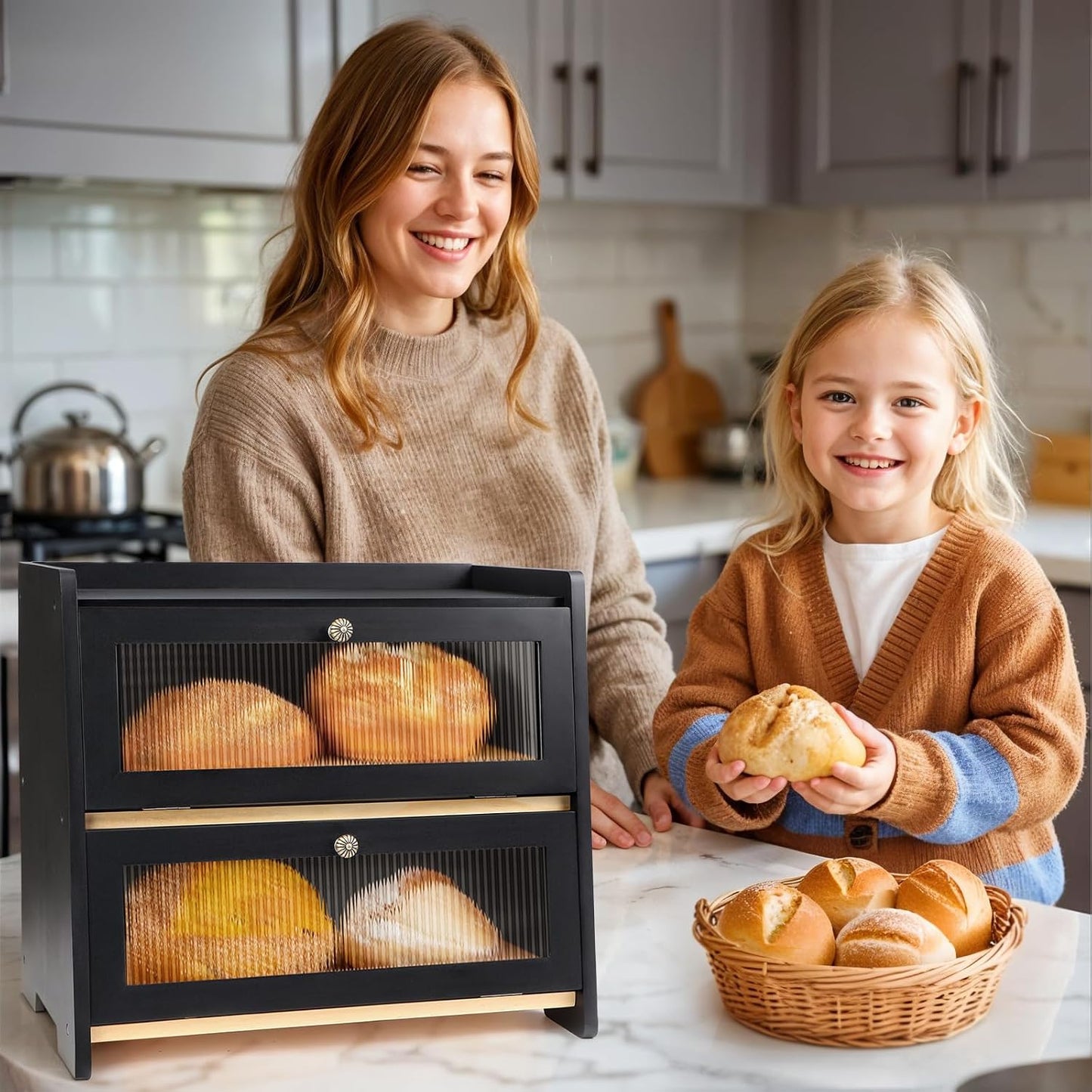 VEDALIO Bread Box For Kitchen Countertop, Black Breadbox, Bread Boxes for Kitchen Counter Organizer Decor Storage
