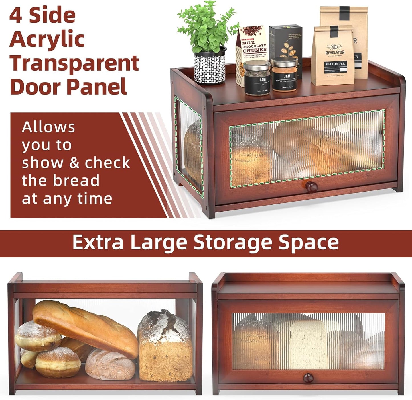 BAMBANG Bamboo Bread Box for Kitchen Countertop, Extra Large Farmhouse Bread Box with 4-Side Clear Panels, Wooden Bread
