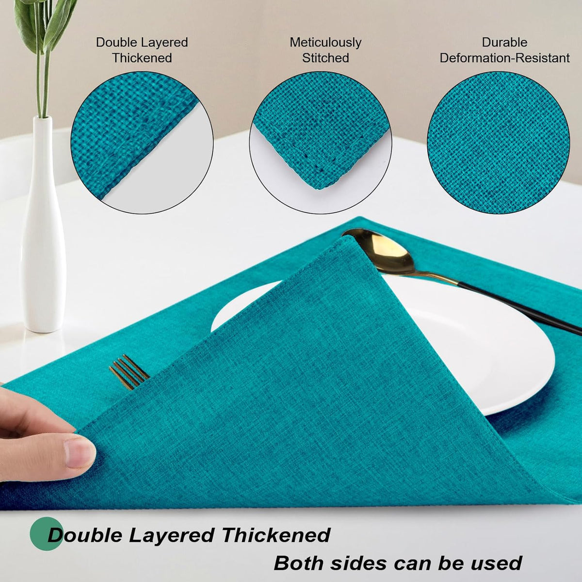 Cloth Placemats Set of 6, Cotton Linen Blend Place Mats, Teal | Machine Washable, Double Layered, Heat Resistant