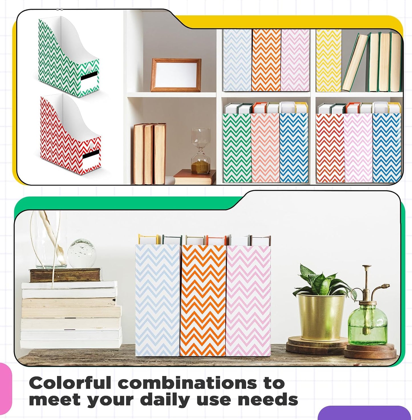 32 Pcs Cardboard Magazine File Holders Organizer, Solid, Striped | Foldable Magazine Boxes with Label Stickers, 8