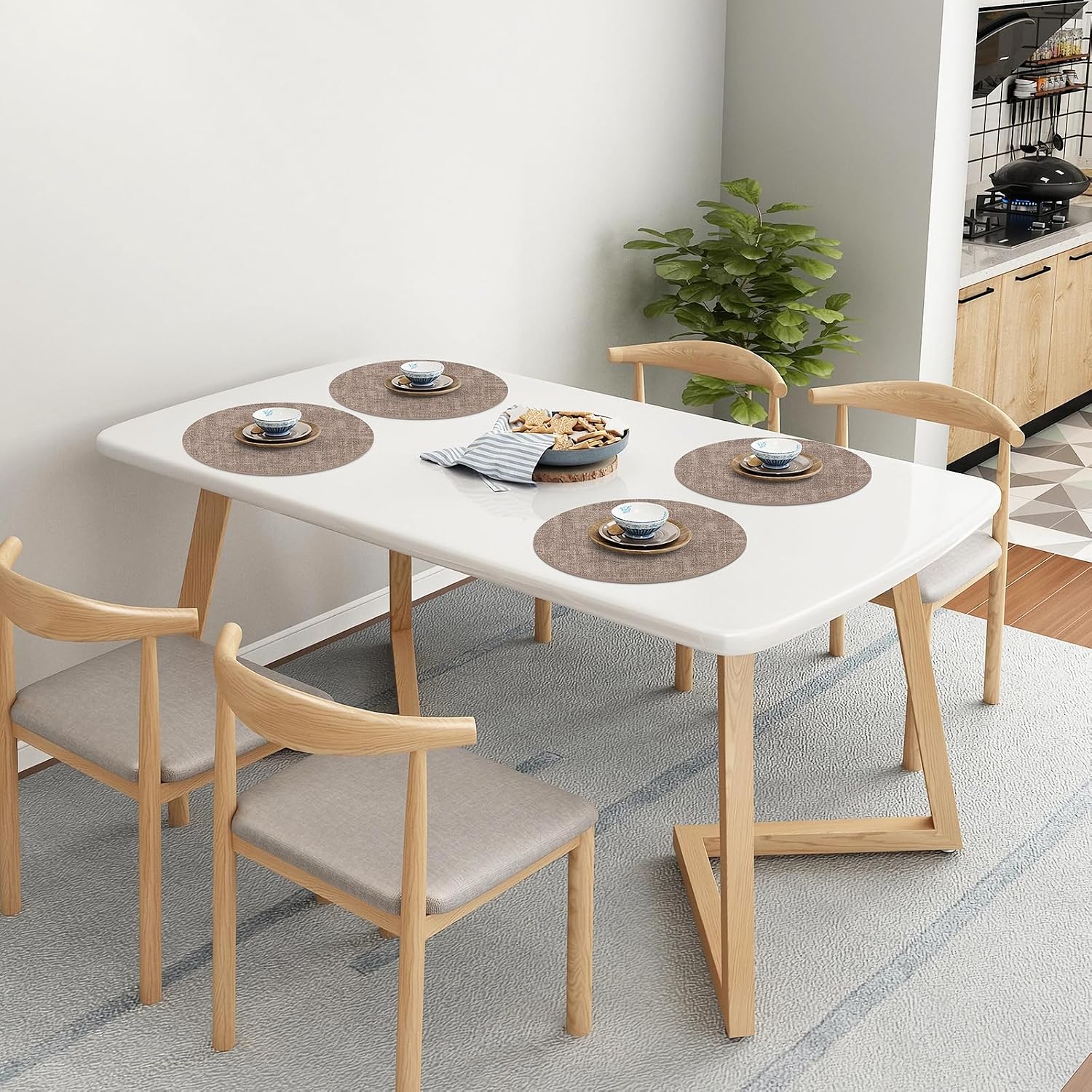 Homaxy Round Faux Leather Placemats and Coasters, Set of 6, Light Brown | Washable Dual-side Table Mats, Wipeable Place