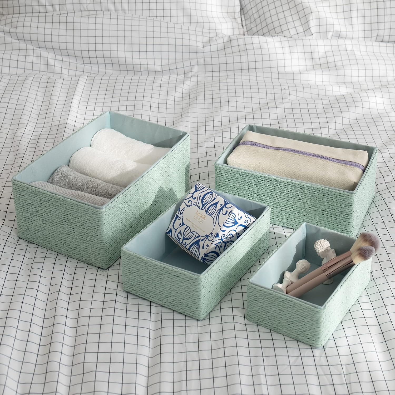 Stackable Woven Basket Paper Rope Bin / Light Green