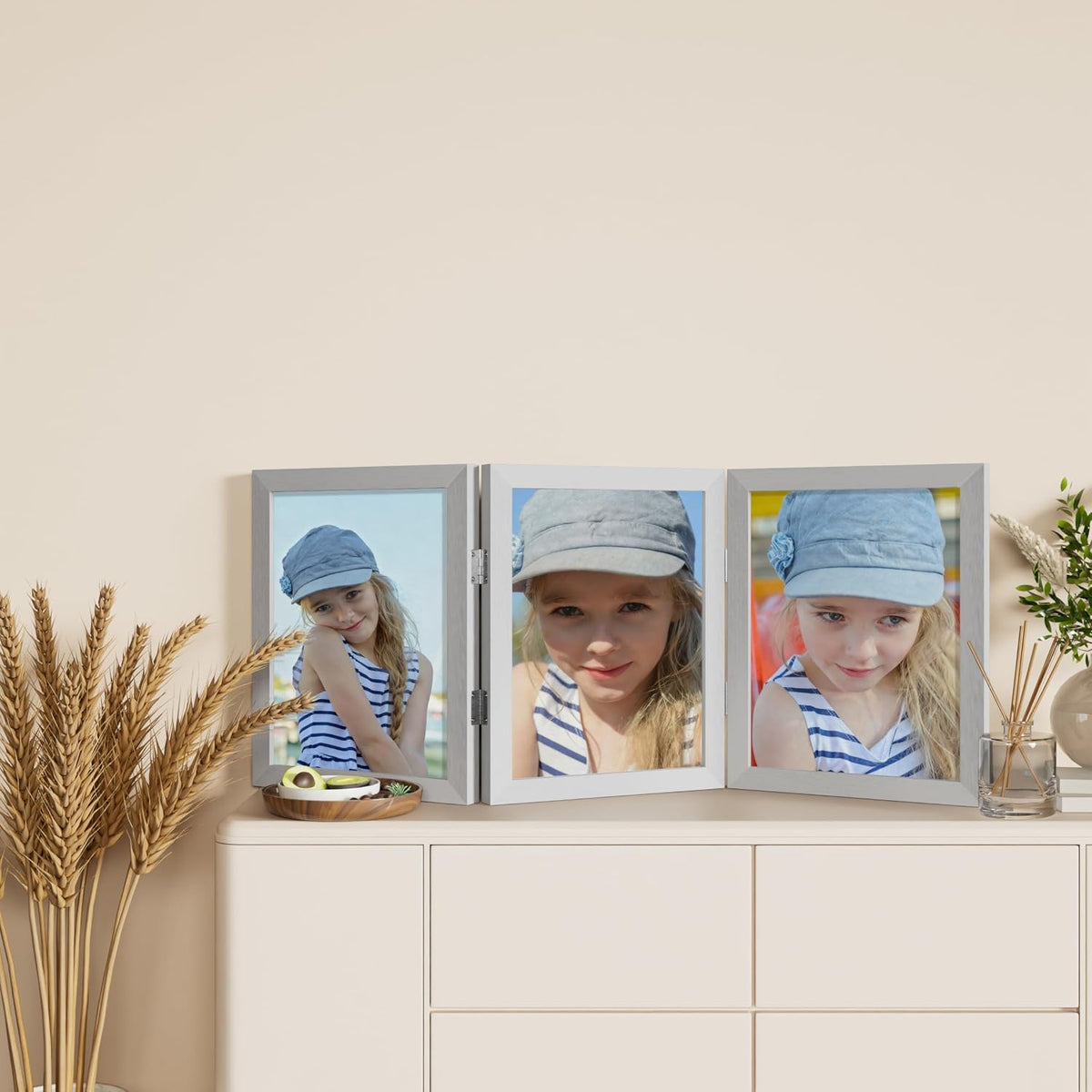 decorUhome Sliver Triple 8x10 Picture Frame Vertical, MDSL08 | "Z" Shape Folding Design Engineered Wood Trifold Photo