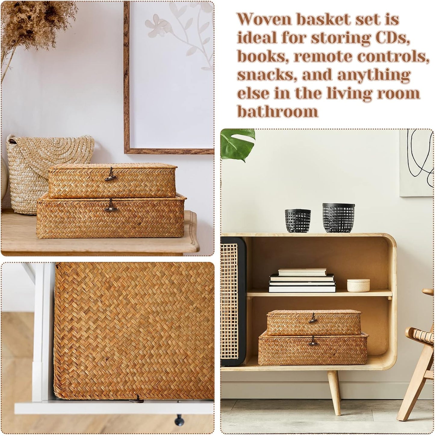 Seagrass Basket / Lid Wicker Storage Basket Decorative Storage Boxes / Brown / Set of 4