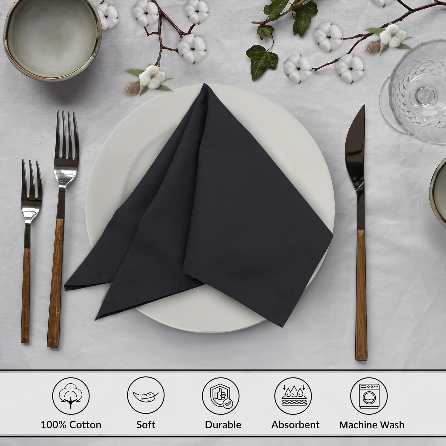 Ruvanti Cloth Napkins Set of 12, 100% Cotton 18”x18” - Black Beauty | Washable, Soft, Durable & Absorbent Everyday