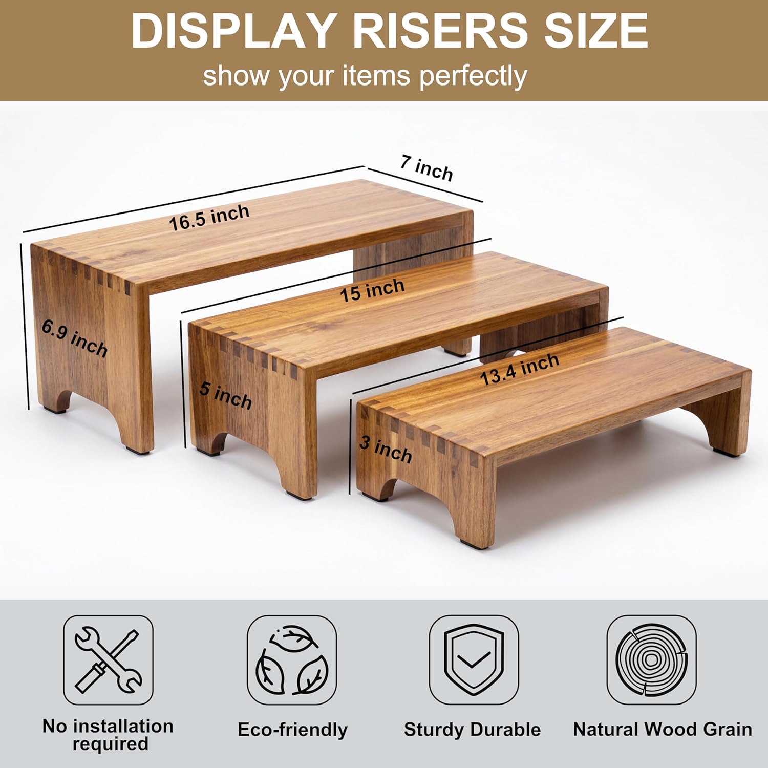 Acacia Wood Risers Display Stands / Set of 3