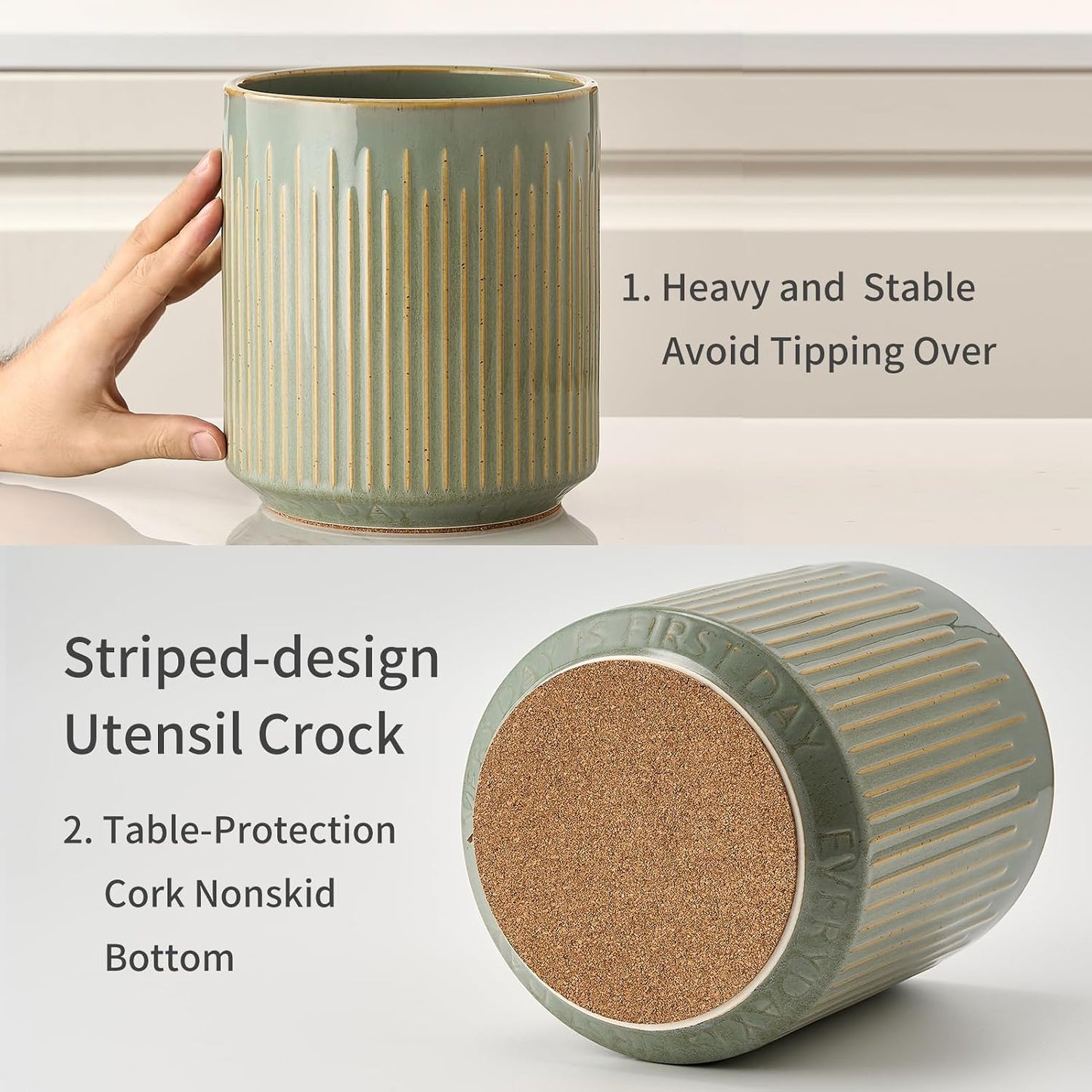 JIEMEI HOME Kitchen Utensil Holder, Ceramic Stable Utensil Crock for Countertop, 7.2" Large Utensil Organizer with Cork