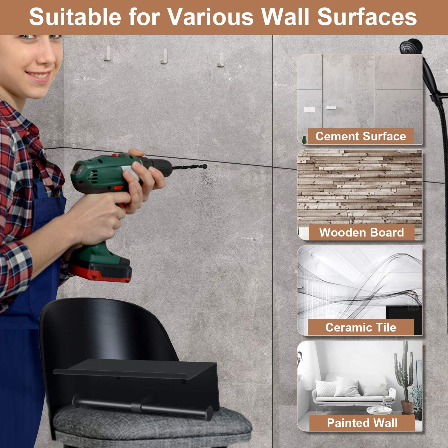 Toilet Paper Holder with Shelf Wall Mounted Toilet Paper Storage, Double Roll Tissue Holder Dispenser Bathroom Toilet