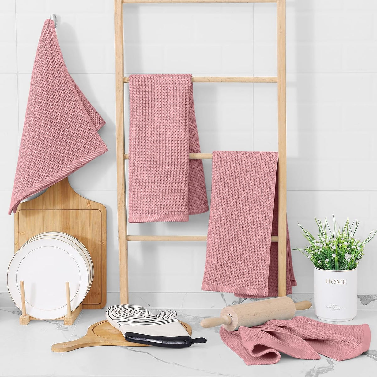 Homaxy 100% Cotton Waffle Weave Kitchen Dish Towels 8-Pack, Dried Rose | 13 x 28 Inches, Ultra Soft Absorbent Dish