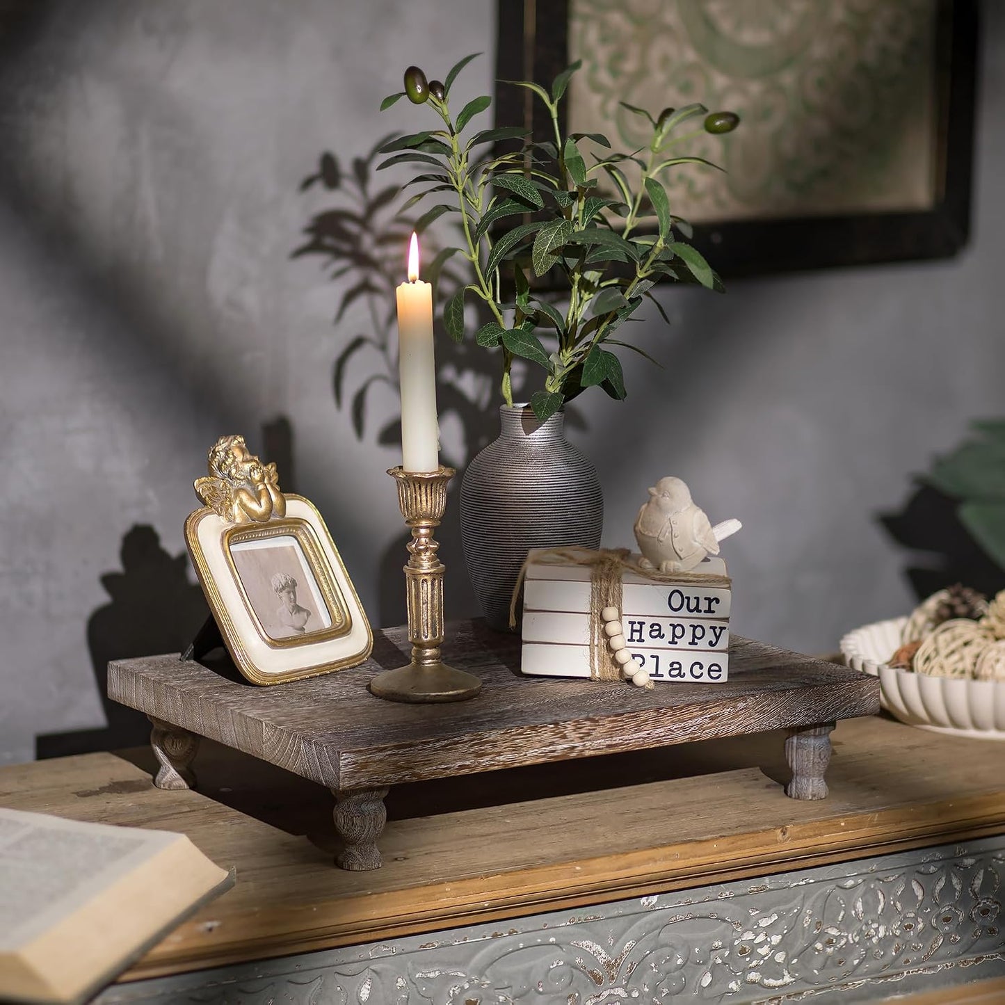 Wooden Riser Decorative Tray / Distressed / Rustic Brown