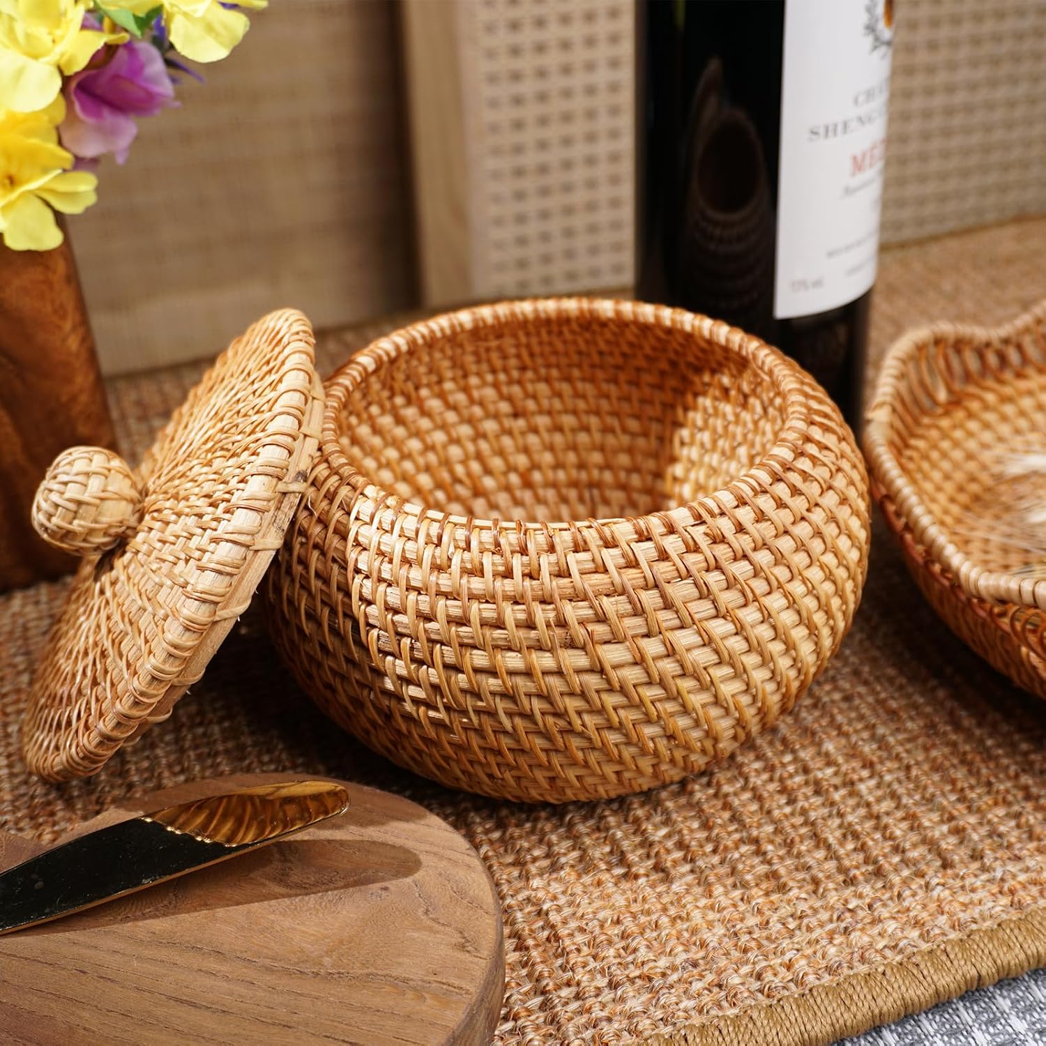 Round Rattan Basket Box / Round Rattan Basket with Lid / 6.3 Inch
