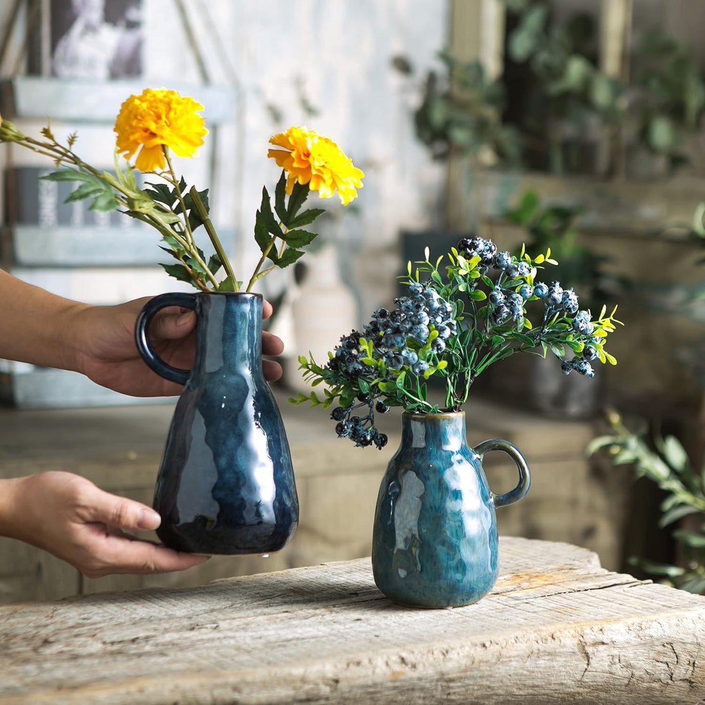 Ceramic Vase / Decorative Clay Vase Modern Farmhouse / Blue / Set of 2