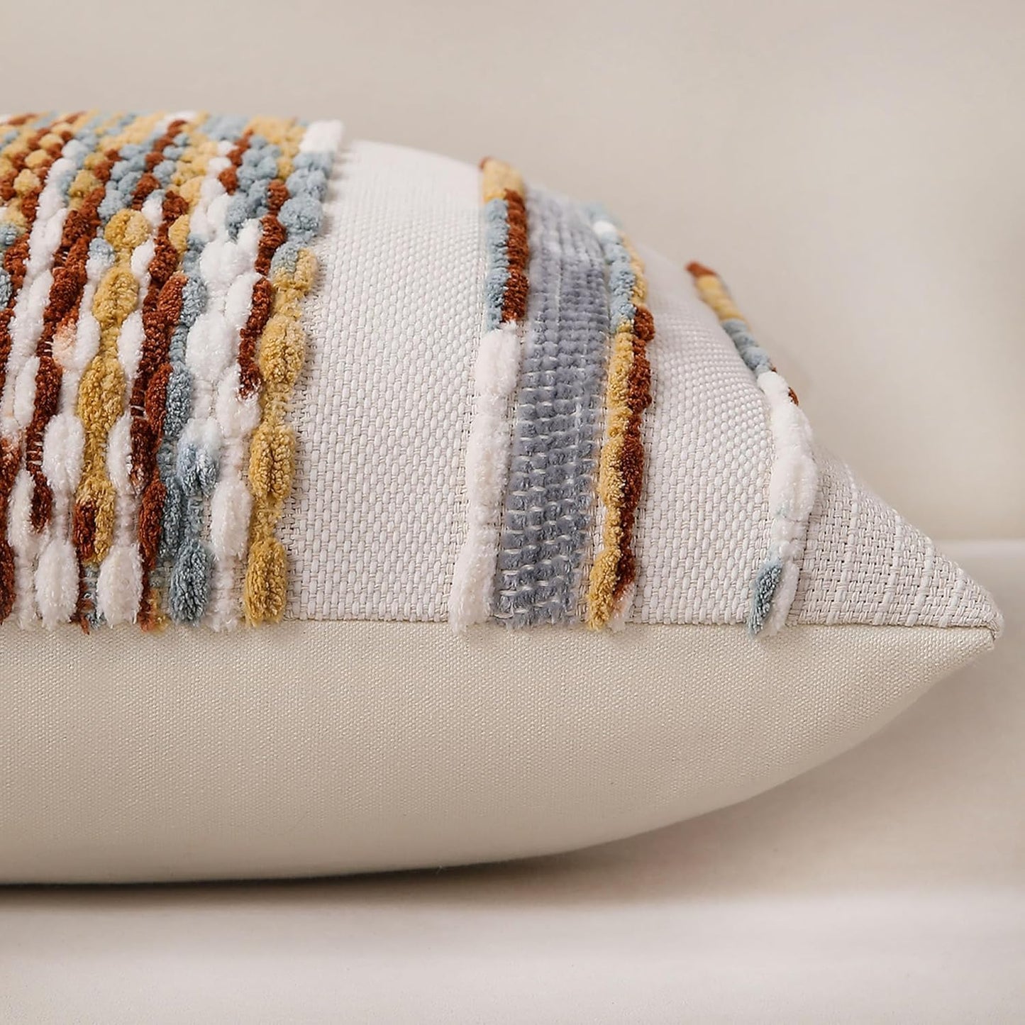 Boho Striped Throw Pillow Covers Farmhouse Decorative Pillow / Brown White / 18 x 18 / Set of 2