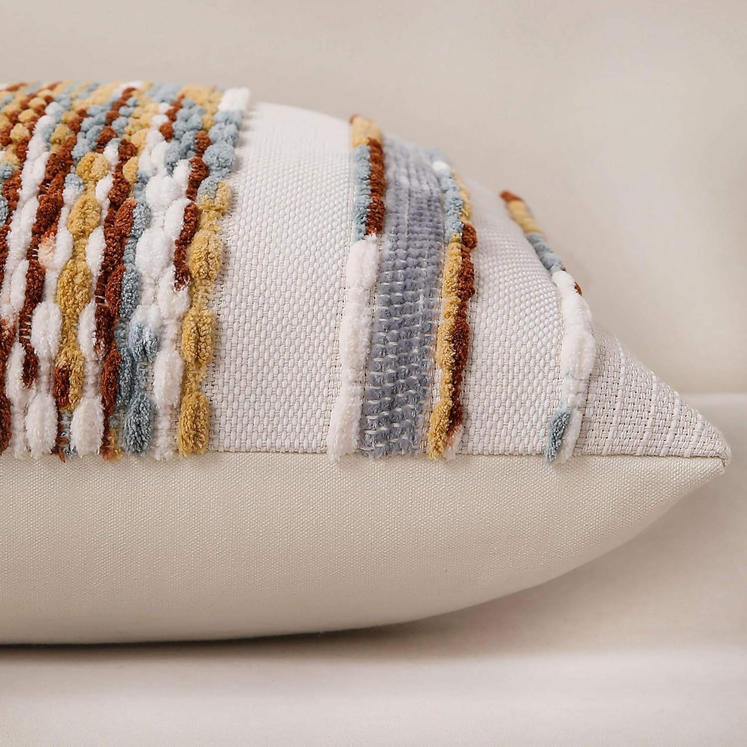 Boho Striped Throw Pillow Covers Farmhouse Decorative Pillow / Brown White / 18 x 18 / Set of 2