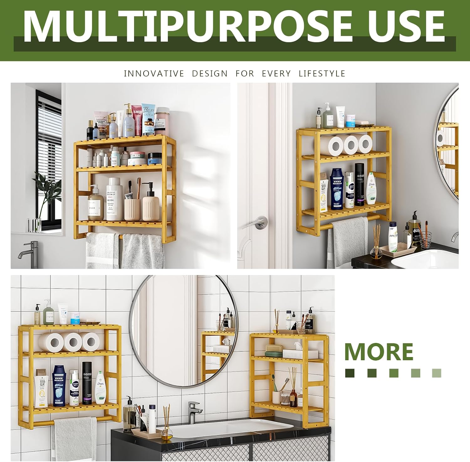 Galood Over The Toilet Storage Bathroom Shelves Wall Mounted Yellow | 3 Tier Space Saver Corner Shelf Organizer Bamboo