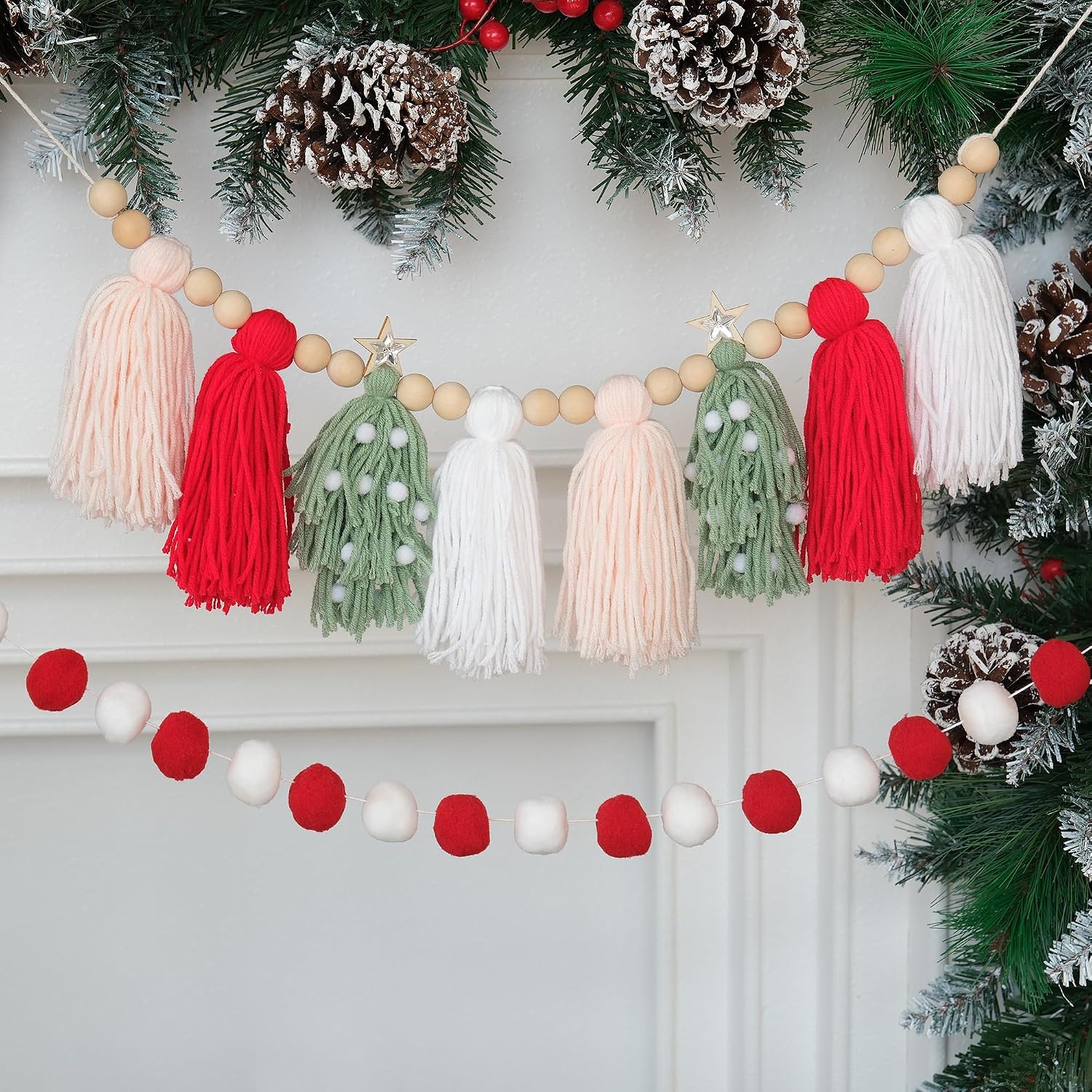 Wood Beads And Pom Pom Garlands Wall Hanging Home Decor For Christmas / Red White Pink Green