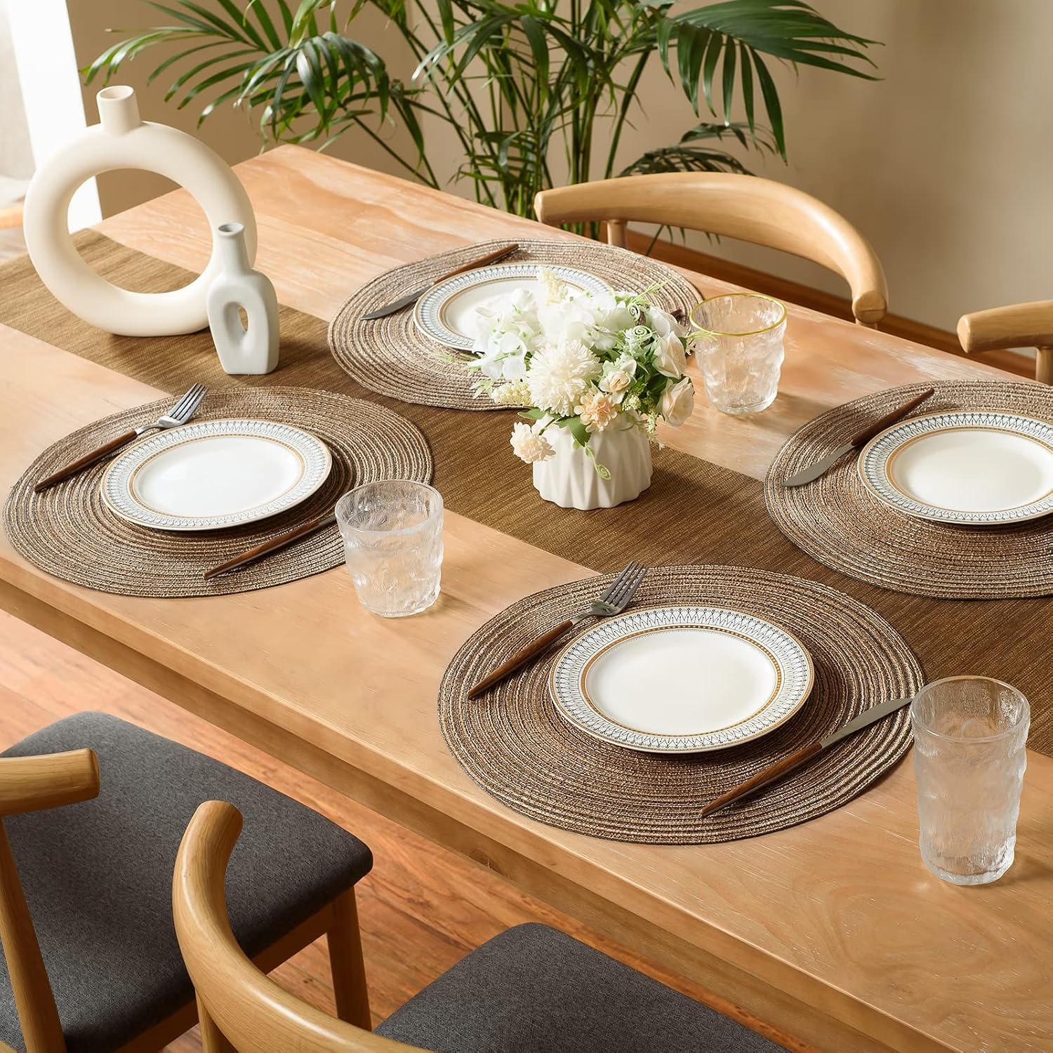 FunWheat Round Braided Placemats Set of 8 Place mats for Dining Tables Woven Heat Resistant Table Mats 15 inch for Fall