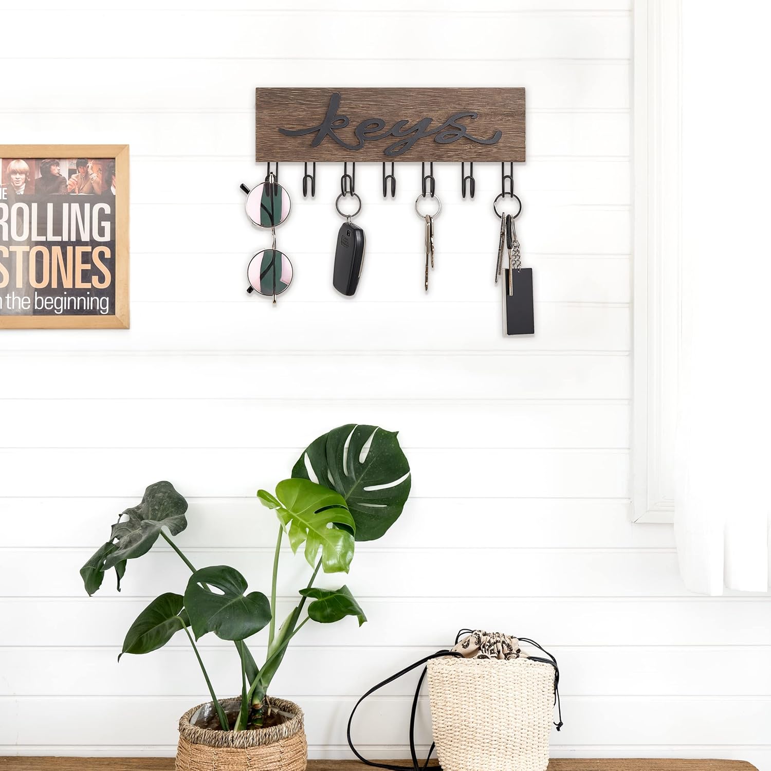 Wall Mounted Keys Hanger Organizer Rustic Wood Hanging Key Hooks / Brown