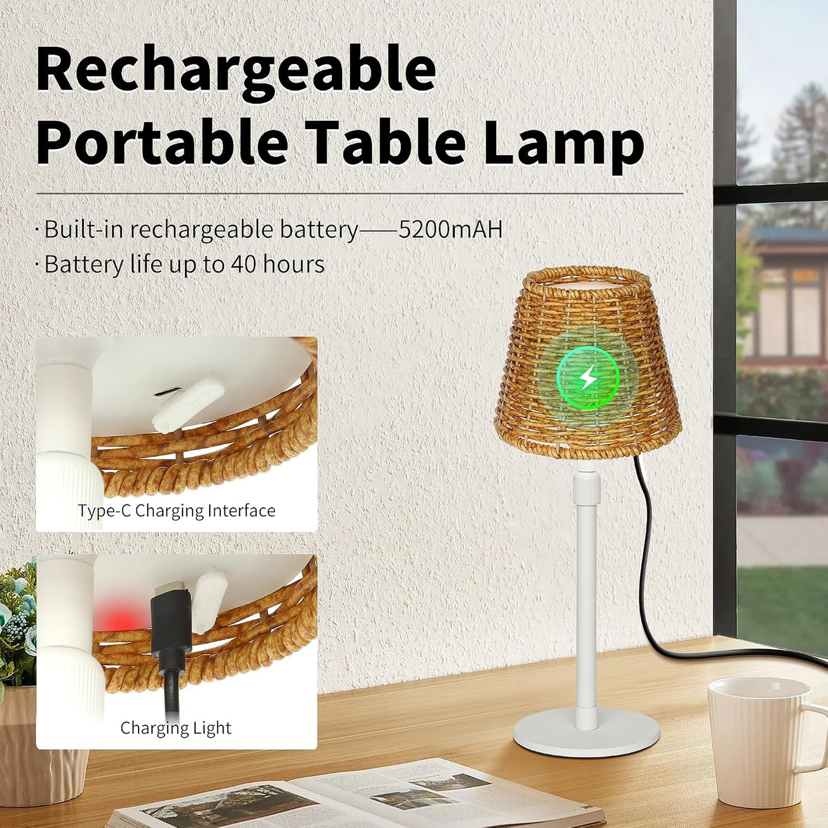 Mr.White Outdoor Waterproof Rechargeable Cordless Table Lamp with Wicker Shade, 5200mAh Battery Operated Table Light