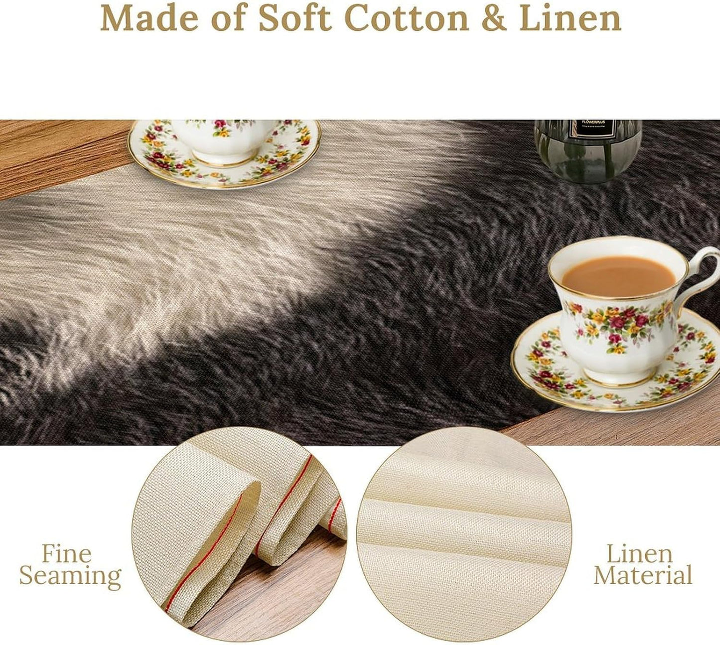 Cowhide Table Runner Black and White Milk Cow Western Style 3D Cow Fur Skin Texture Table Runner for Living Room