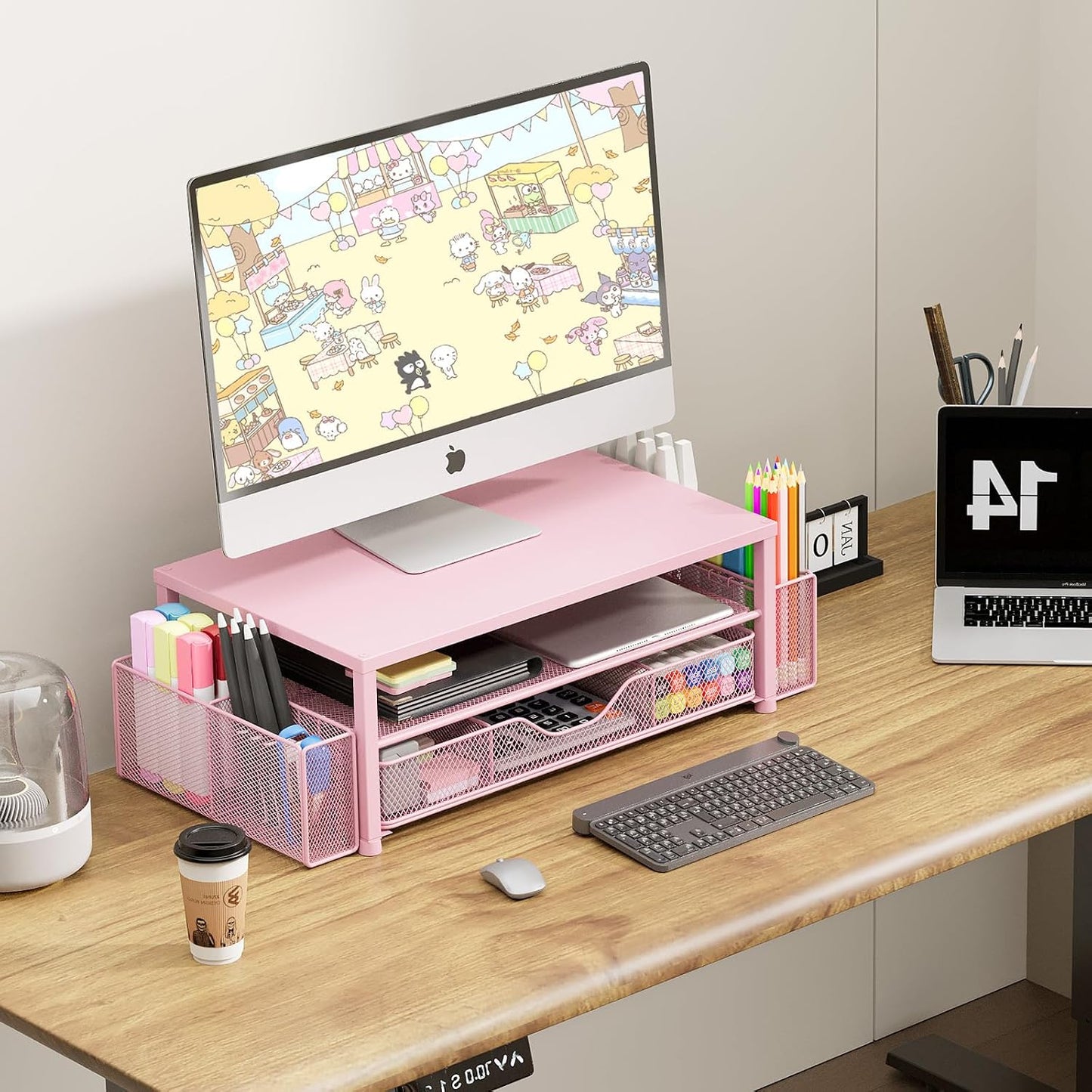 Desk Organizer and Accessories, 2-Tier Computer Monitor Stand Riser with Drawer and 2 Pen Holders, Laptop Stand, Office
