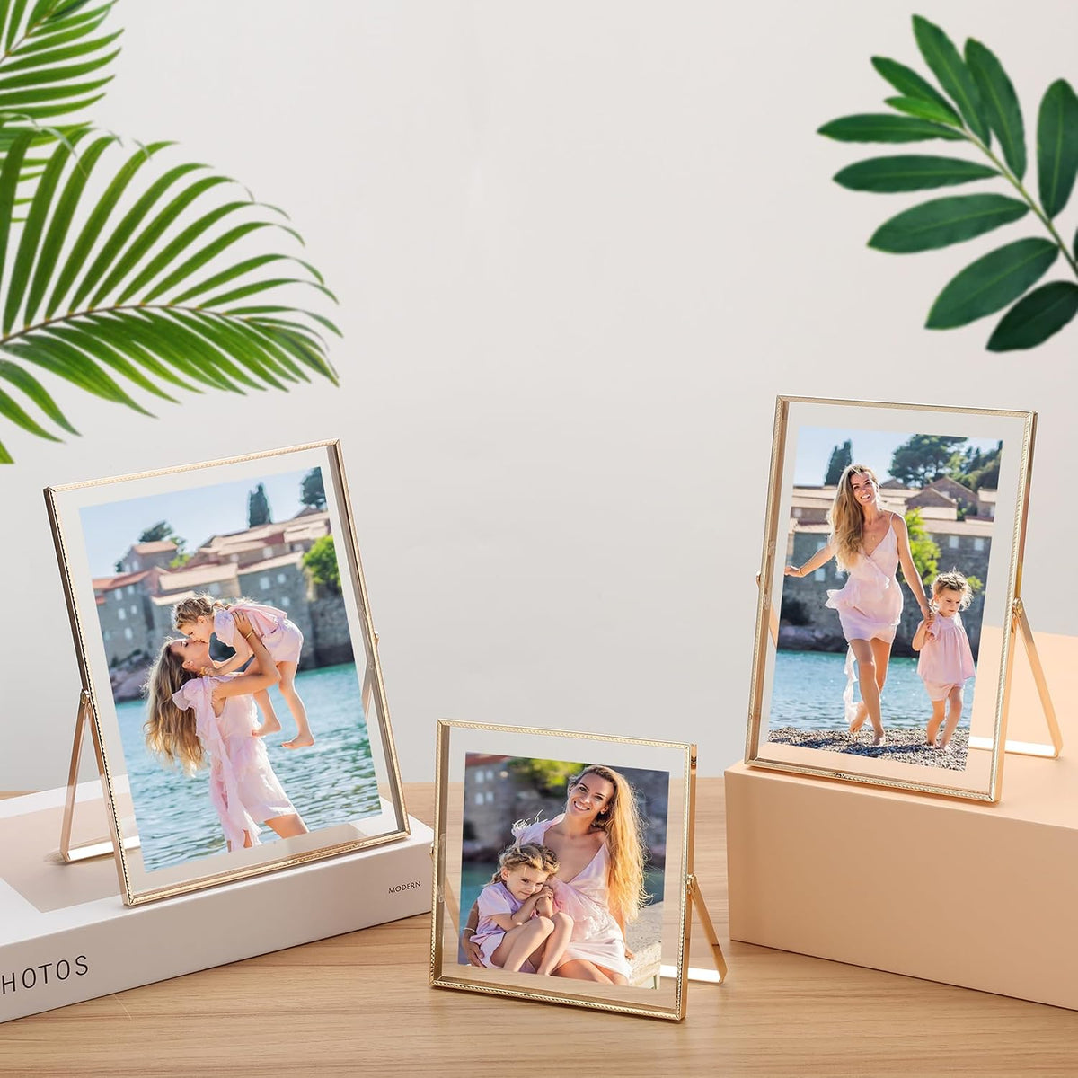 Gold Floating Picture Frames Set of 3,Metal Geometric Photo Frame with Glass Cover Includes(5x7'',4x6'',4x4'')Tabletop