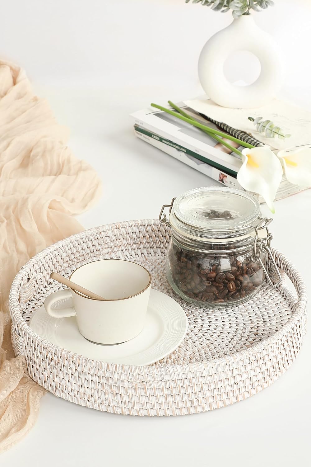 11.8" Hand-Woven Round Rattan Serving Tray Decorative Wicker Trays / Medium / Whitewash